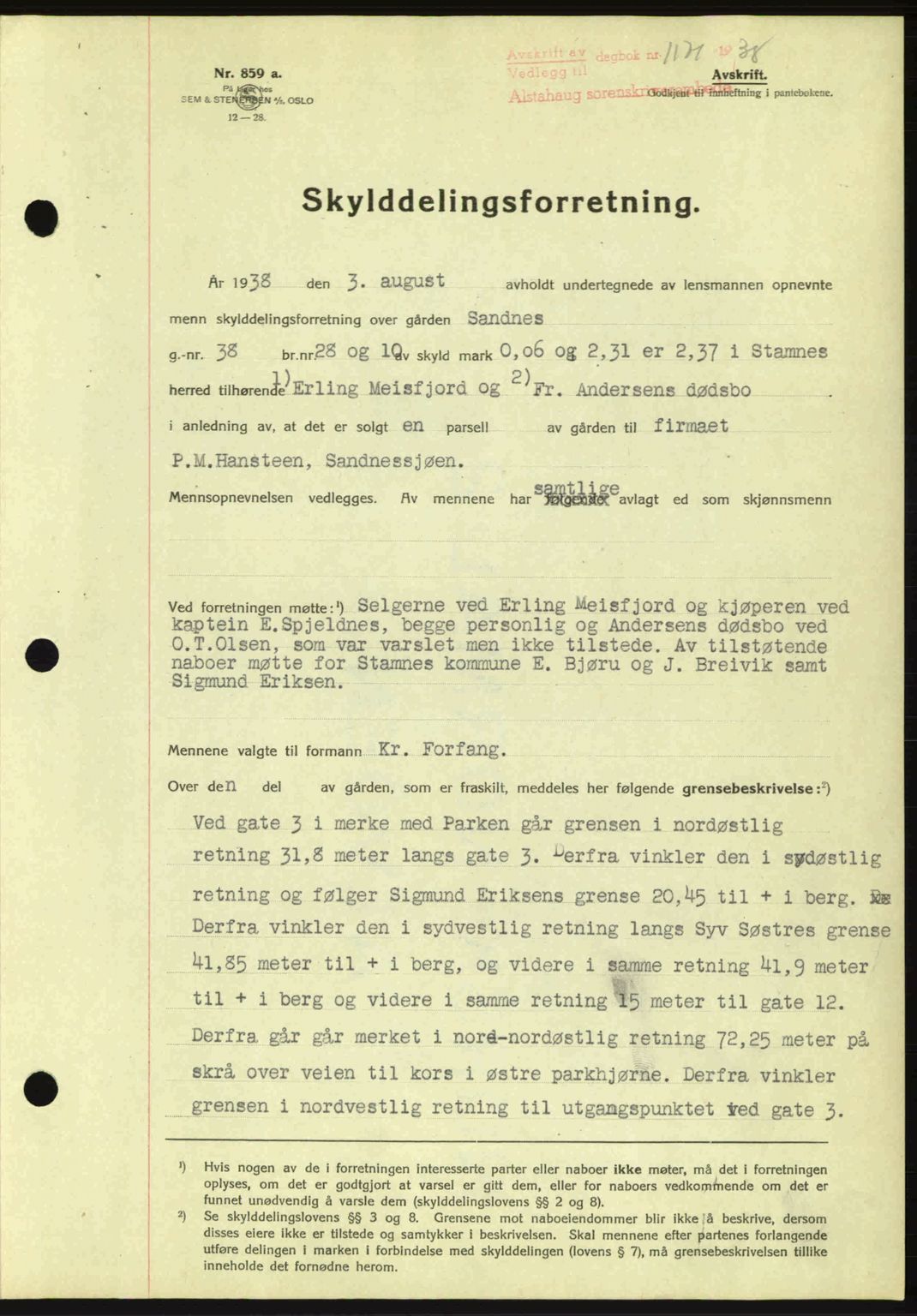 Alstahaug sorenskriveri, SAT/A-1009: Pantebok nr. A3, 1937-1938, Dagboknr: 1171/1938