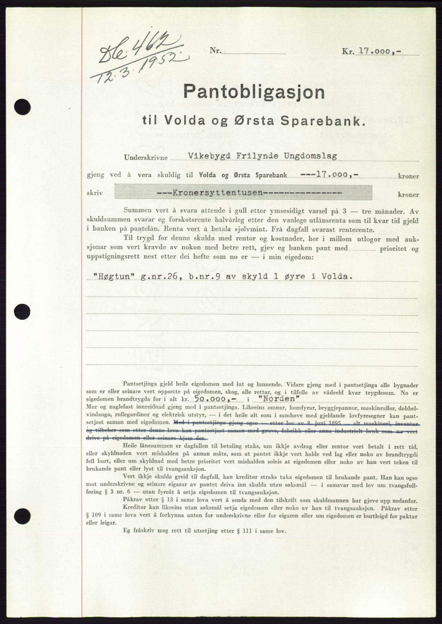 Søre Sunnmøre sorenskriveri, AV/SAT-A-4122/1/2/2C/L0121: Pantebok nr. 9B, 1951-1952, Dagboknr: 462/1952