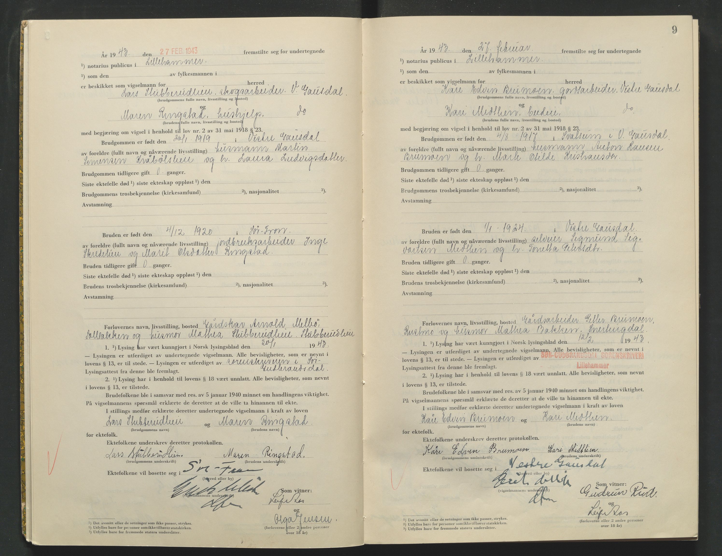 Sør-Gudbrandsdal tingrett, AV/SAH-TING-004/L/Lc/L0003: Vigselsprotokoll, 1943, s. 9