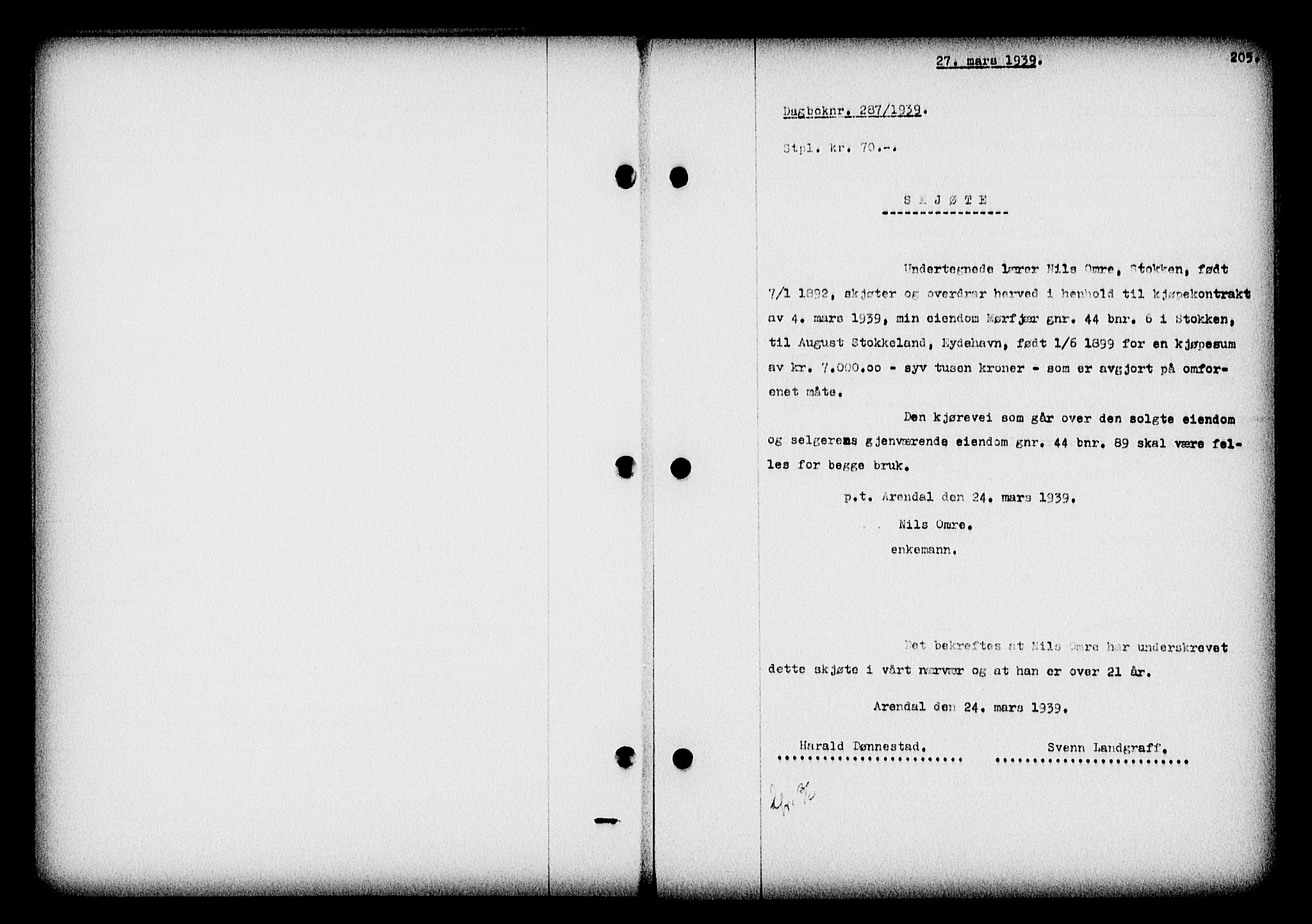 Nedenes sorenskriveri, SAK/1221-0006/G/Gb/Gba/L0046: Pantebok nr. 42, 1938-1939, Dagboknr: 287/1939
