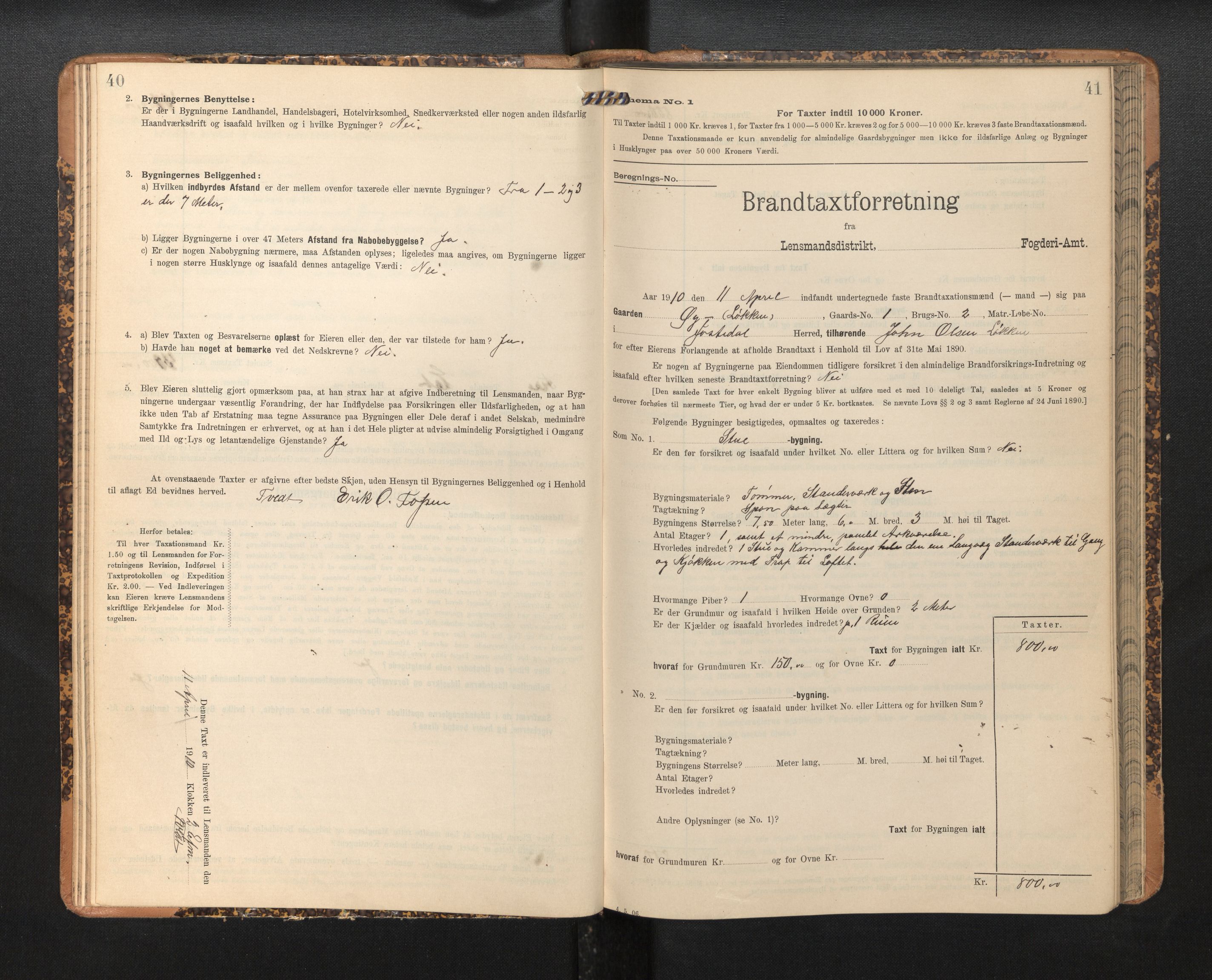 Lensmannen i Jostedal, AV/SAB-A-28601/0012/L0004: Branntakstprotokoll, skjematakst, 1906-1919, s. 40-41