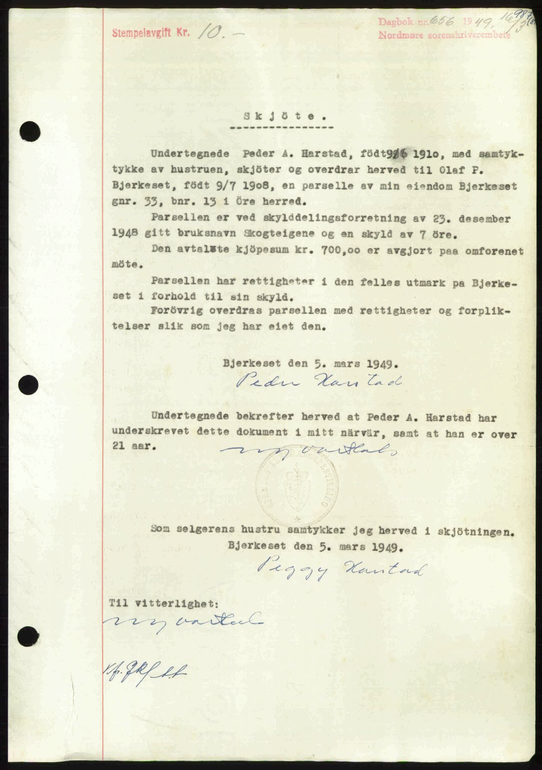 Nordmøre sorenskriveri, SAT/A-4132/1/2/2Ca: Pantebok nr. A110, 1948-1949, Dagboknr: 656/1949