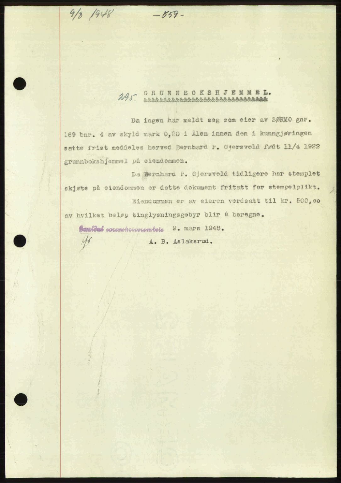 Gauldal sorenskriveri, SAT/A-0014/1/2/2C: Pantebok nr. A5, 1947-1948, Dagboknr: 295/1948
