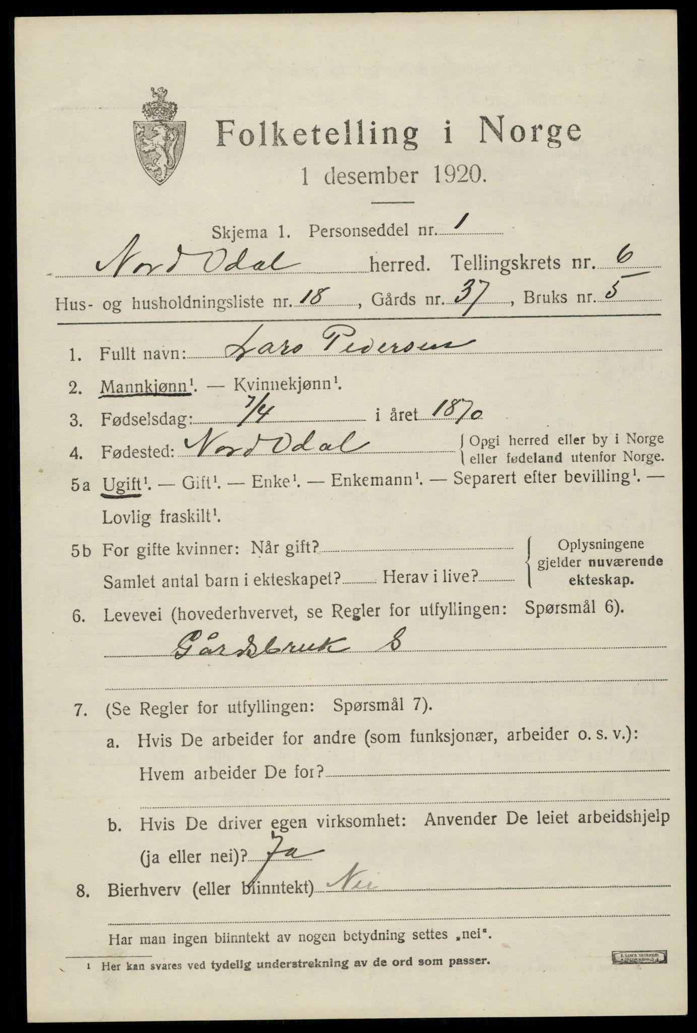 SAH, Folketelling 1920 for 0418 Nord-Odal herred, 1920, s. 6813