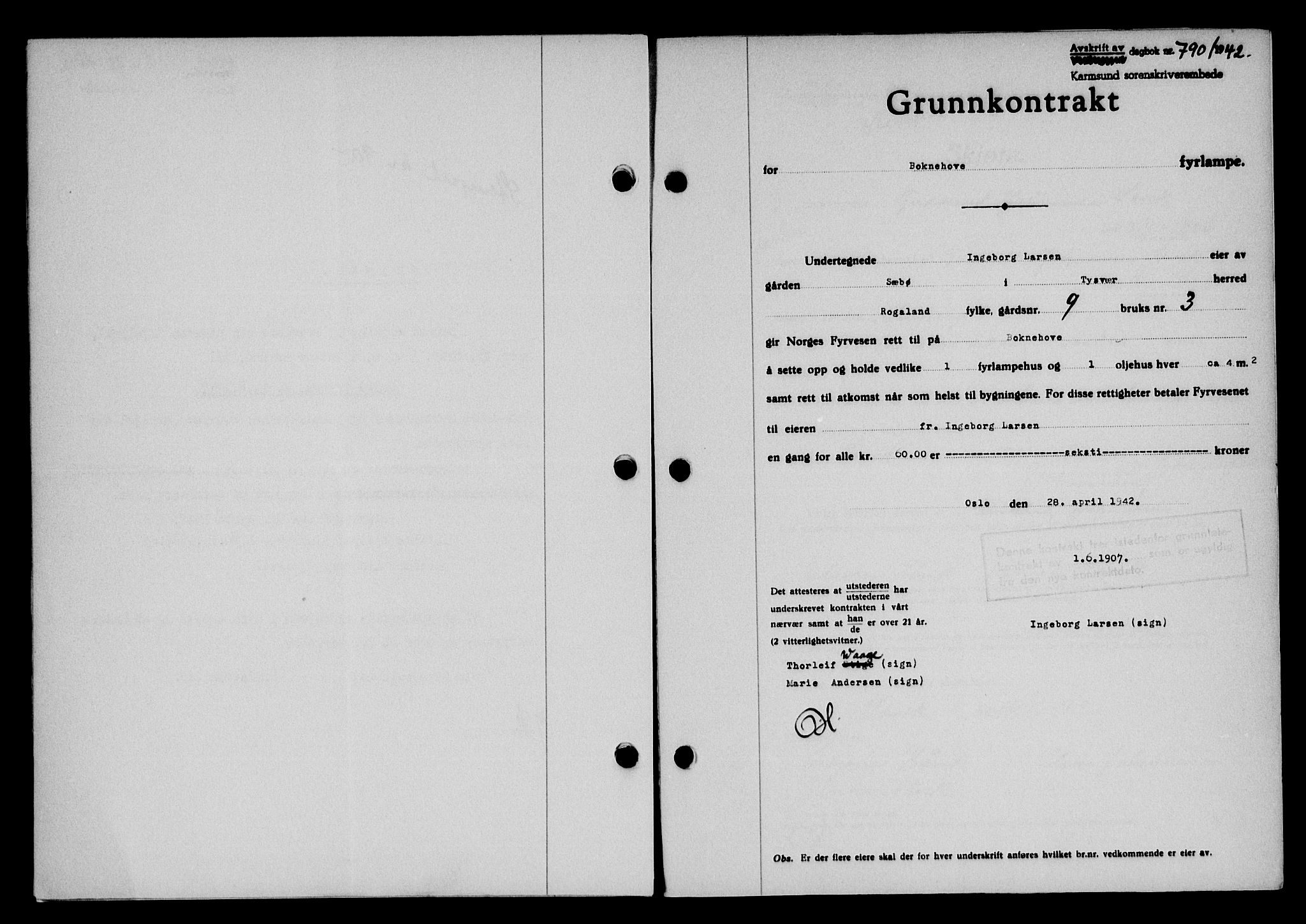 Karmsund sorenskriveri, SAST/A-100311/01/II/IIB/L0077: Pantebok nr. 58A, 1942-1942, Dagboknr: 790/1942