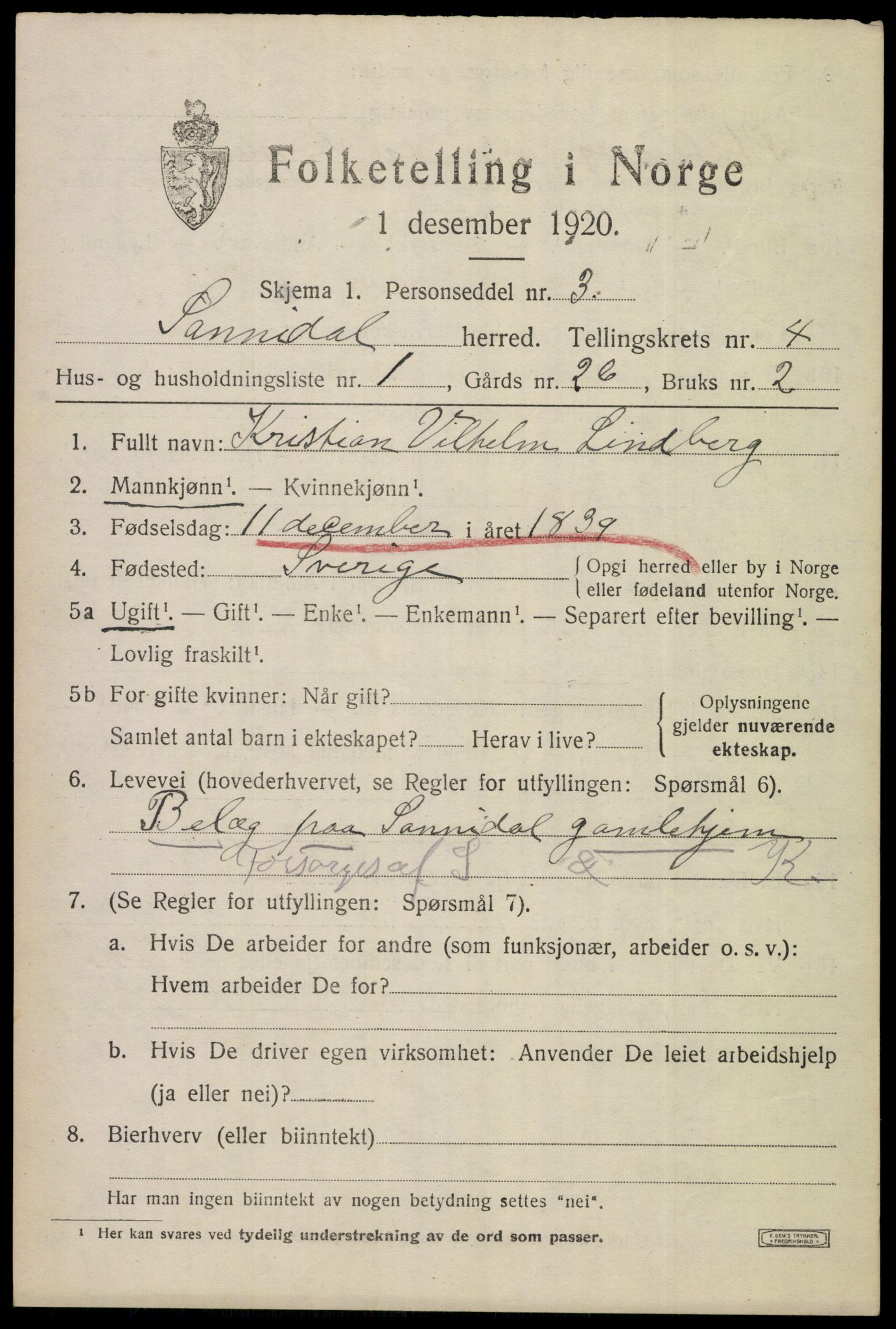 SAKO, Folketelling 1920 for 0816 Sannidal herred, 1920, s. 3345