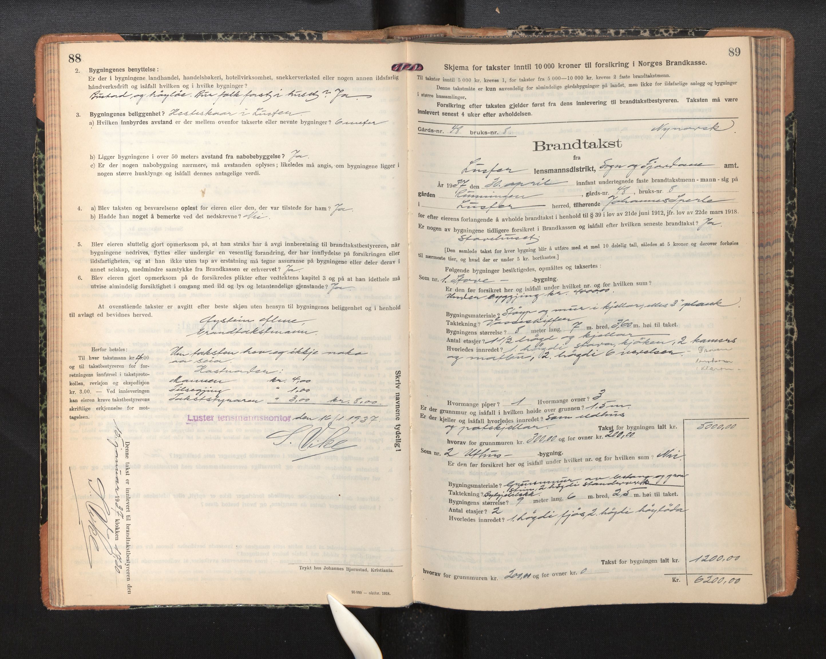 Lensmannen i Luster, AV/SAB-A-29301/0012/L0008: Branntakstprotokoll, skjematakst, 1935-1949, s. 88-89