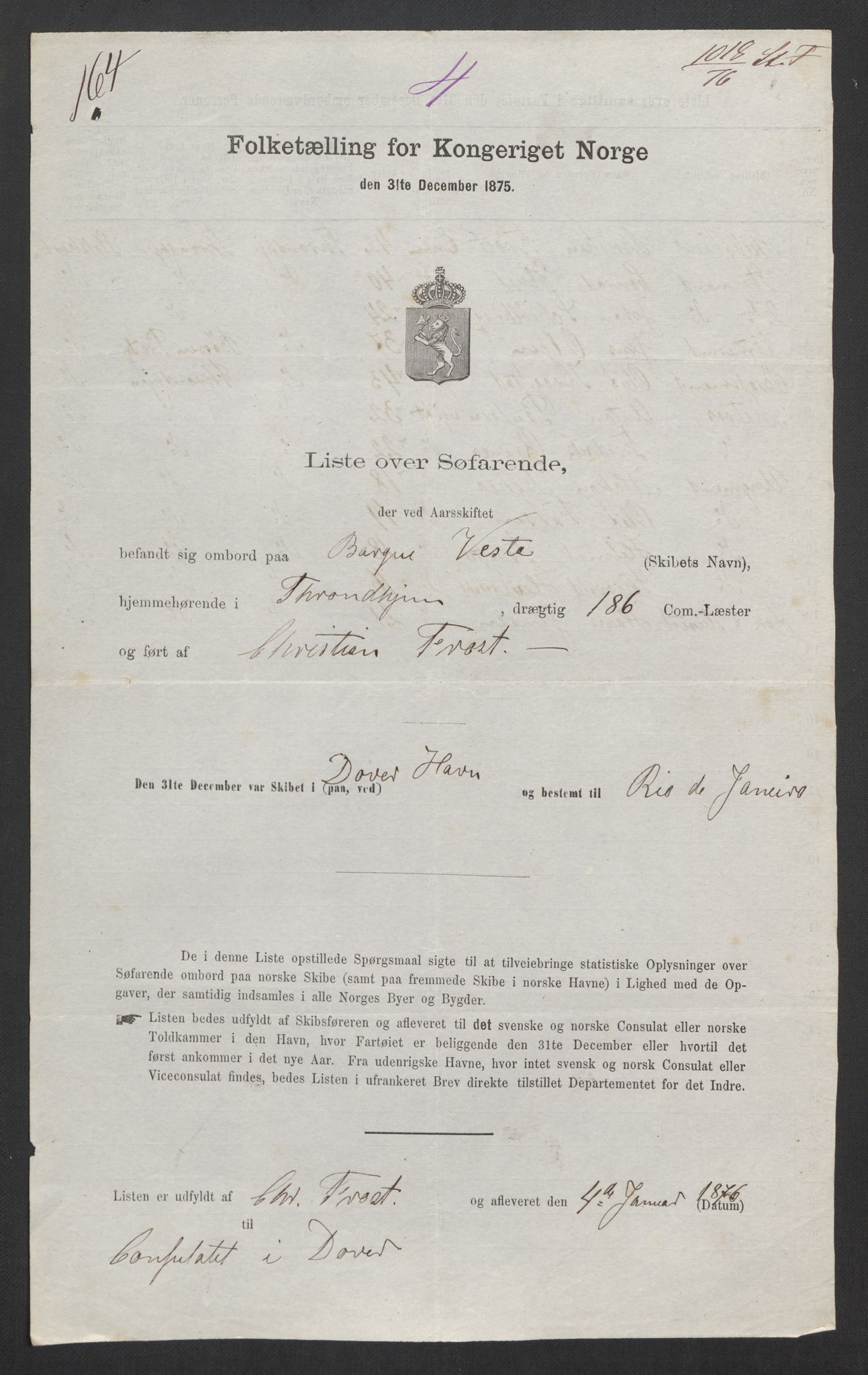 RA, Folketelling 1875, skipslister: Skip i utenrikske havner, hjemmehørende i 1) byer og ladesteder, Grimstad - Tromsø, 2) landdistrikter, 1875, s. 1075