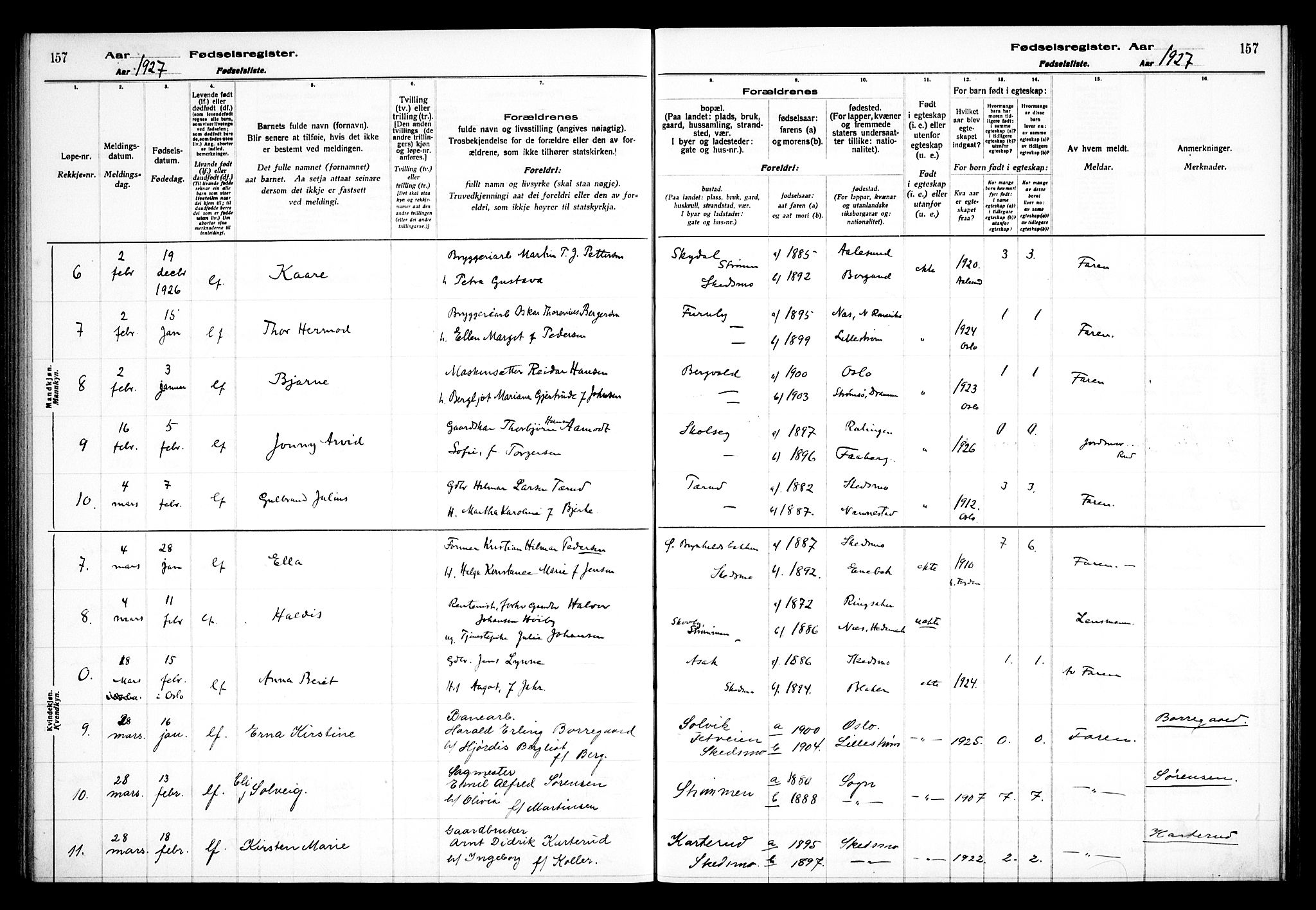 Skedsmo prestekontor Kirkebøker, SAO/A-10033a/J/Ja/L0001: Fødselsregister nr. I 1, 1916-1931, s. 157