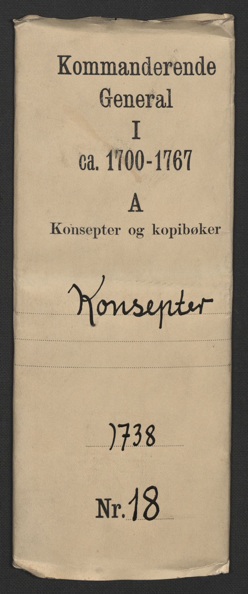 Kommanderende general (KG I) med Det norske krigsdirektorium, RA/EA-5419/B/L0018: Kommanderende generals konsepter, 1738