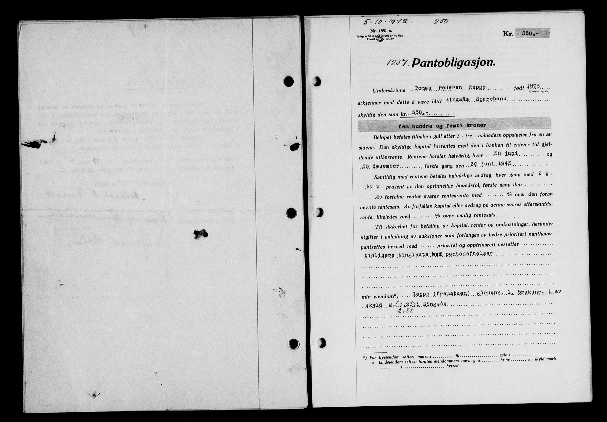 Gauldal sorenskriveri, SAT/A-0014/1/2/2C/L0055: Pantebok nr. 60, 1942-1942, Dagboknr: 1237/1942