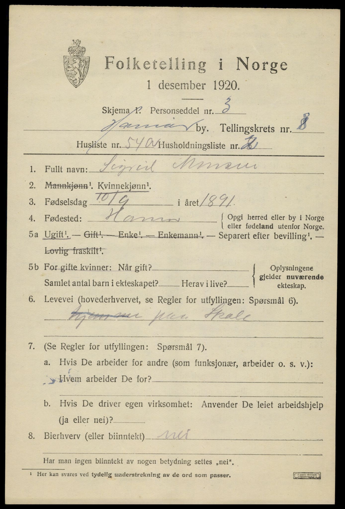 SAH, Folketelling 1920 for 0401 Hamar kjøpstad, 1920, s. 15977