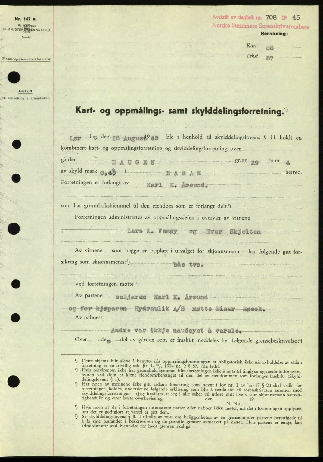 Nordre Sunnmøre sorenskriveri, SAT/A-0006/1/2/2C/2Ca: Pantebok nr. A20a, 1945-1945, Dagboknr: 708/1945