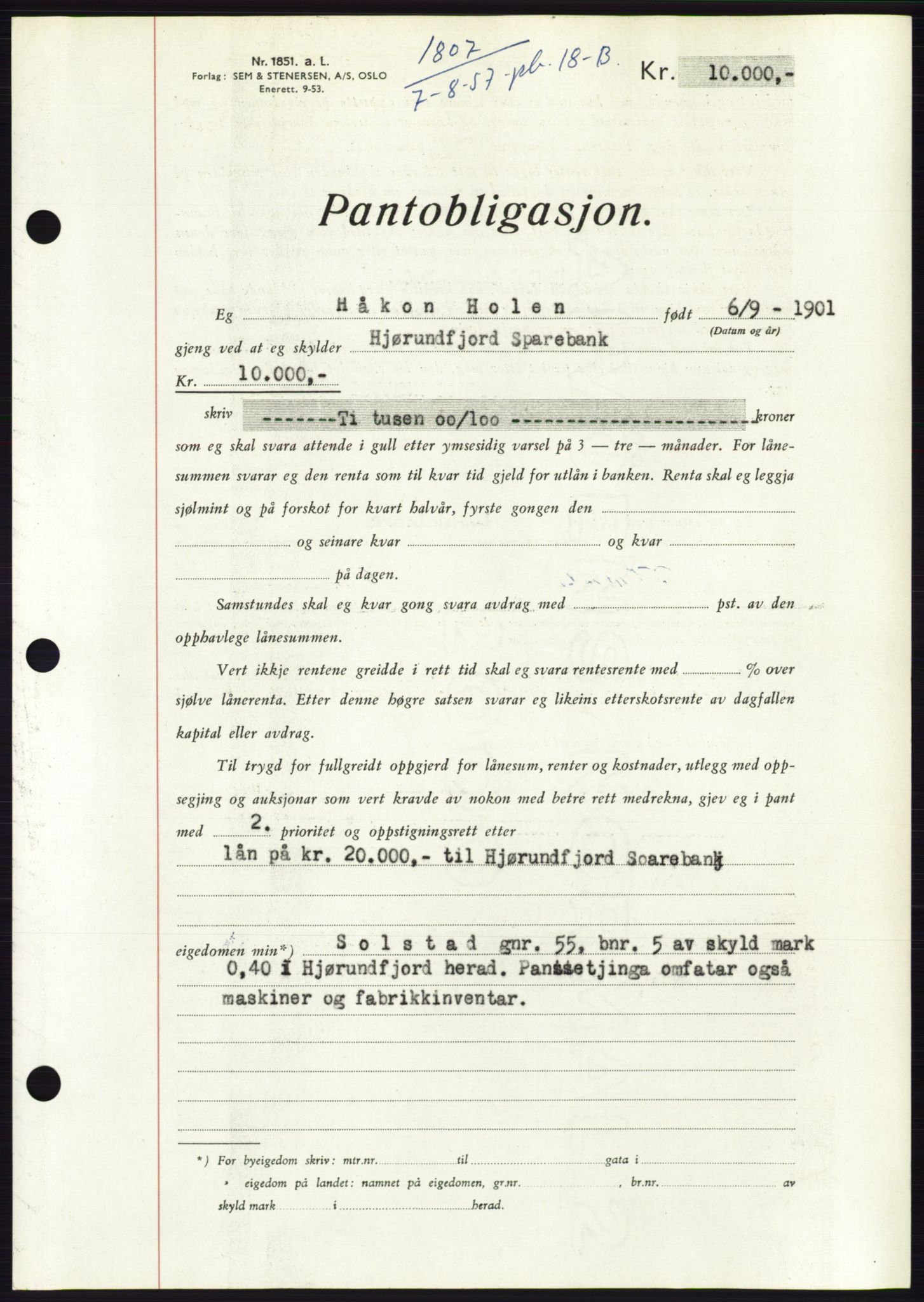 Søre Sunnmøre sorenskriveri, AV/SAT-A-4122/1/2/2C/L0130: Pantebok nr. 18B, 1957-1958, Dagboknr: 1807/1957