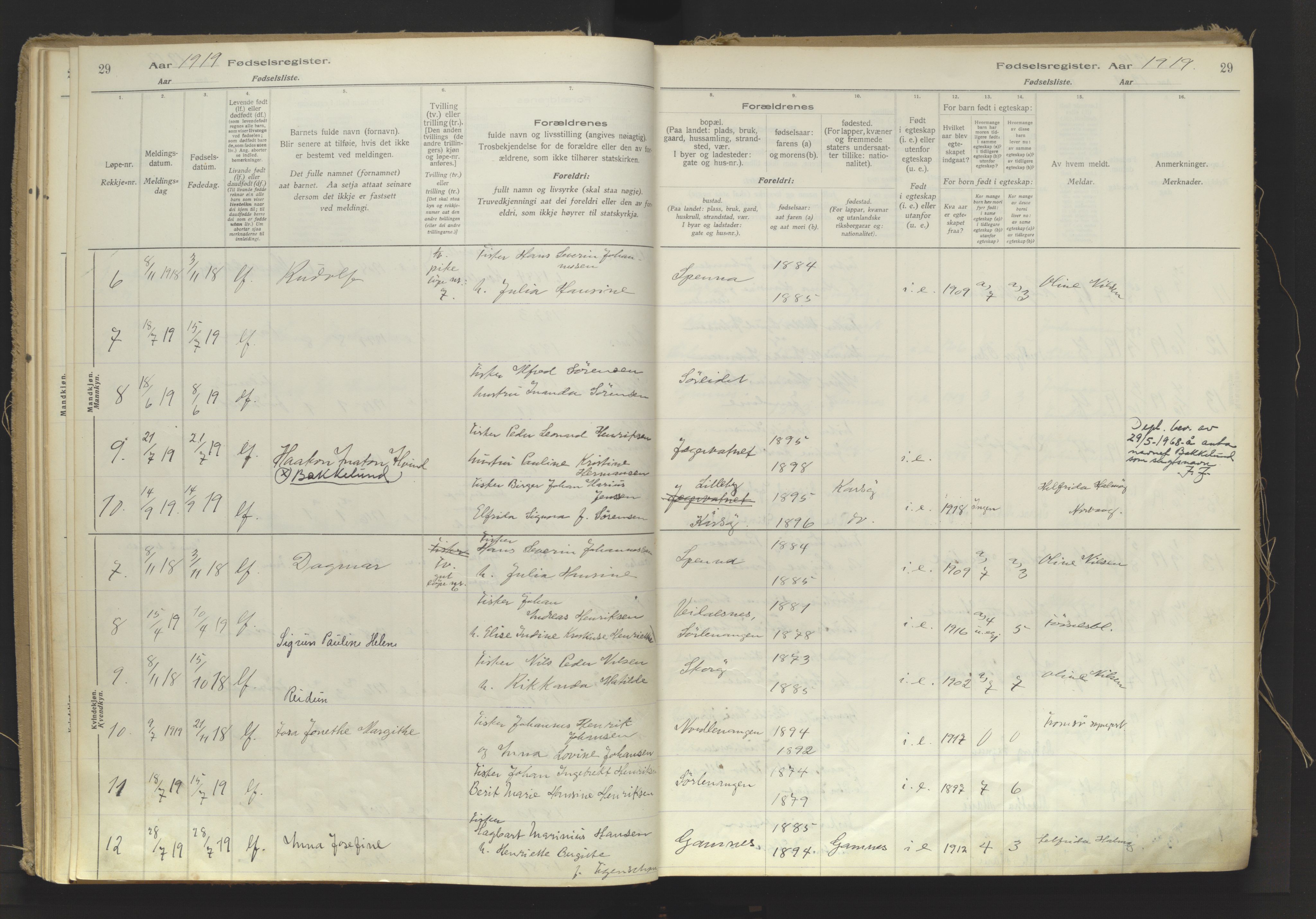 Karlsøy sokneprestembete, AV/SATØ-S-1299/I/Ic/L0064: Fødselsregister nr. 64, 1916-1943, s. 29