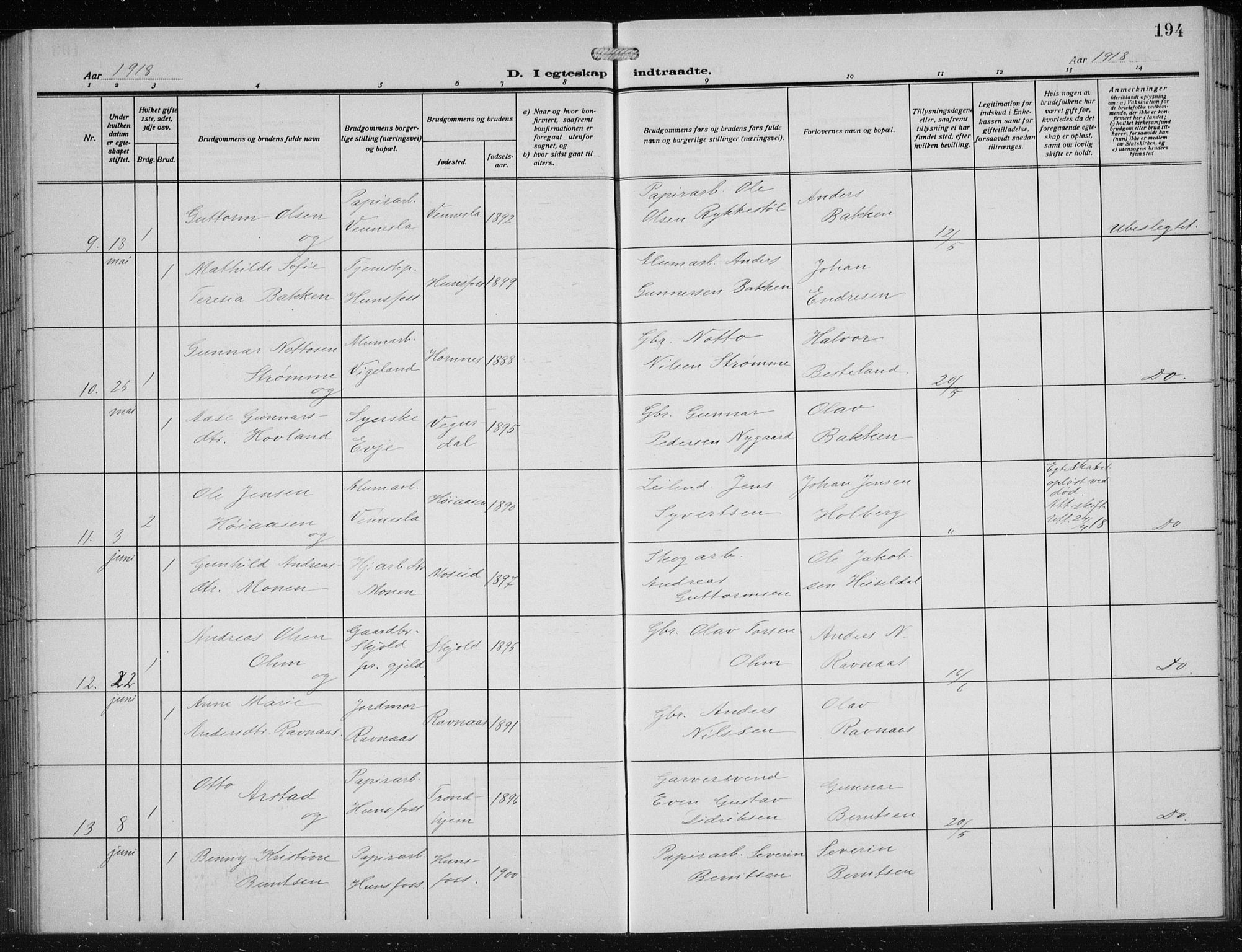 Vennesla sokneprestkontor, AV/SAK-1111-0045/Fb/Fbb/L0006: Klokkerbok nr. B 6, 1914-1921, s. 194