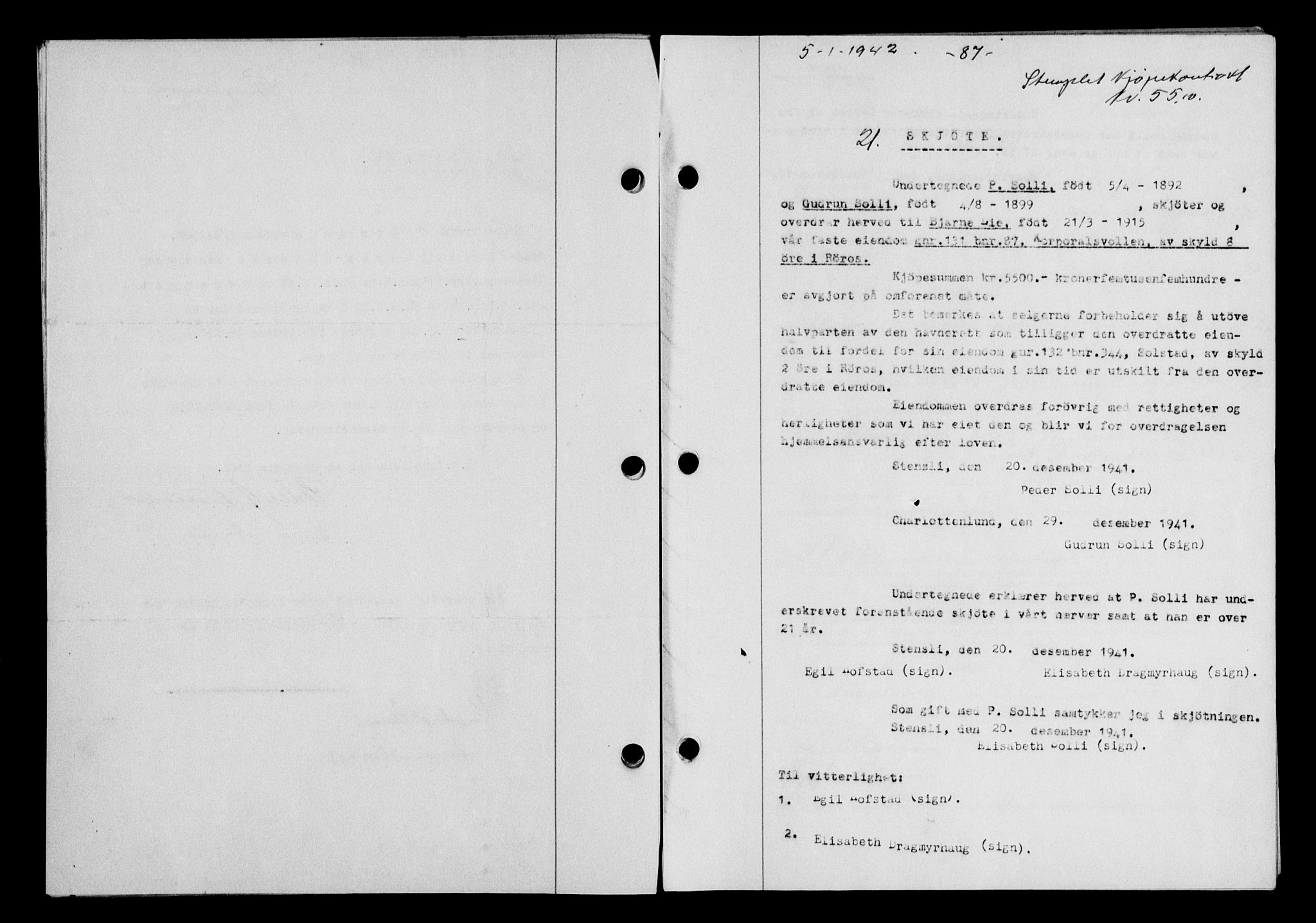 Gauldal sorenskriveri, SAT/A-0014/1/2/2C/L0054: Pantebok nr. 59, 1941-1942, Dagboknr: 21/1942