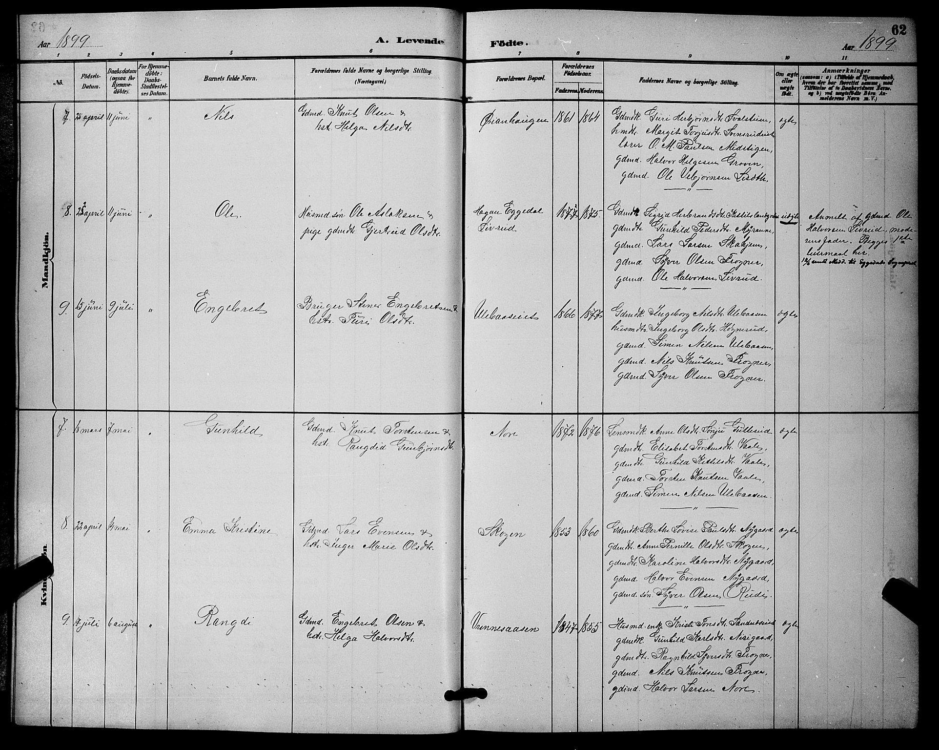 Nore kirkebøker, AV/SAKO-A-238/G/Ga/L0003: Klokkerbok nr. I 3, 1886-1903, s. 62