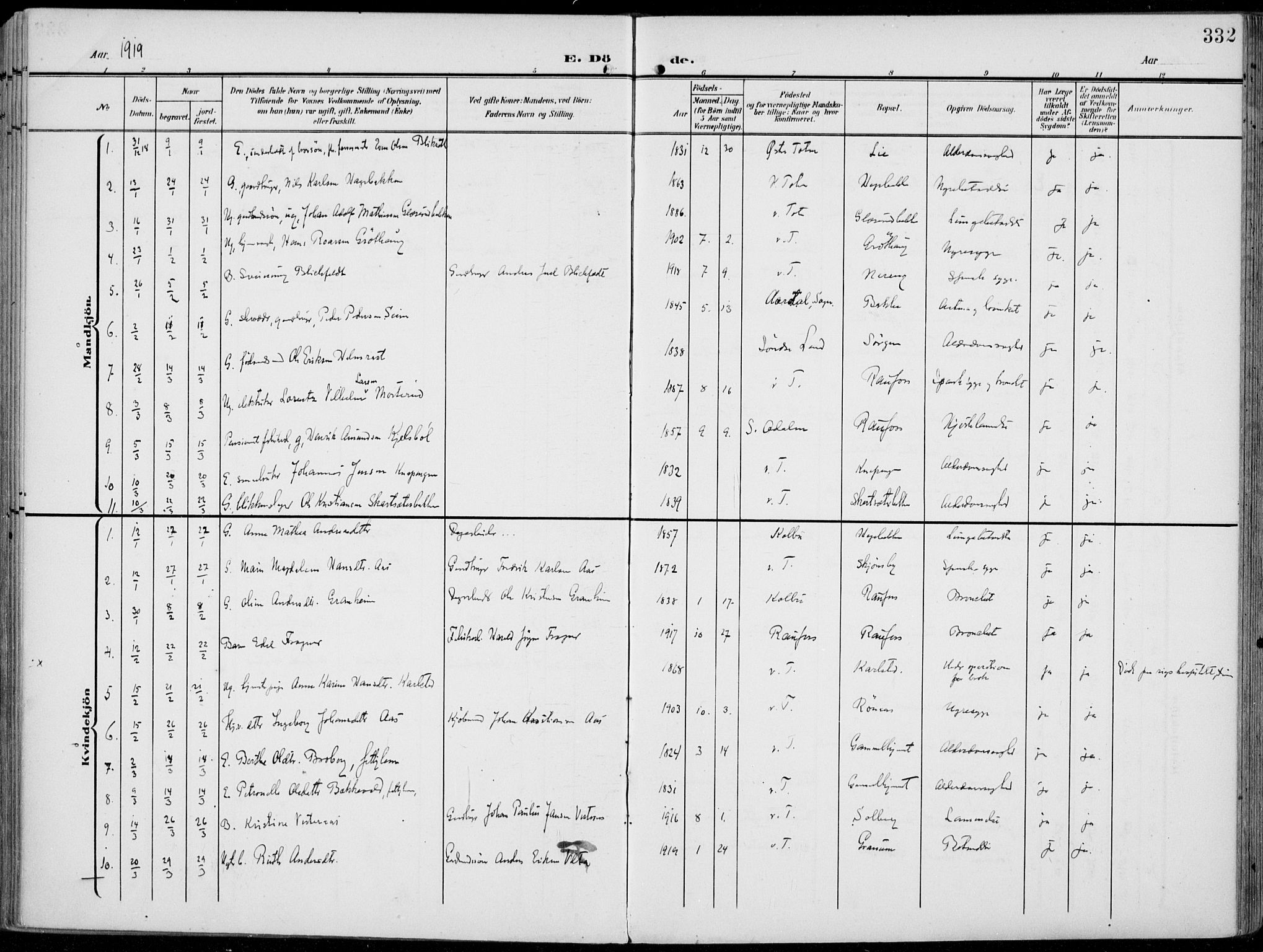 Vestre Toten prestekontor, AV/SAH-PREST-108/H/Ha/Haa/L0014: Ministerialbok nr. 14, 1907-1920, s. 332