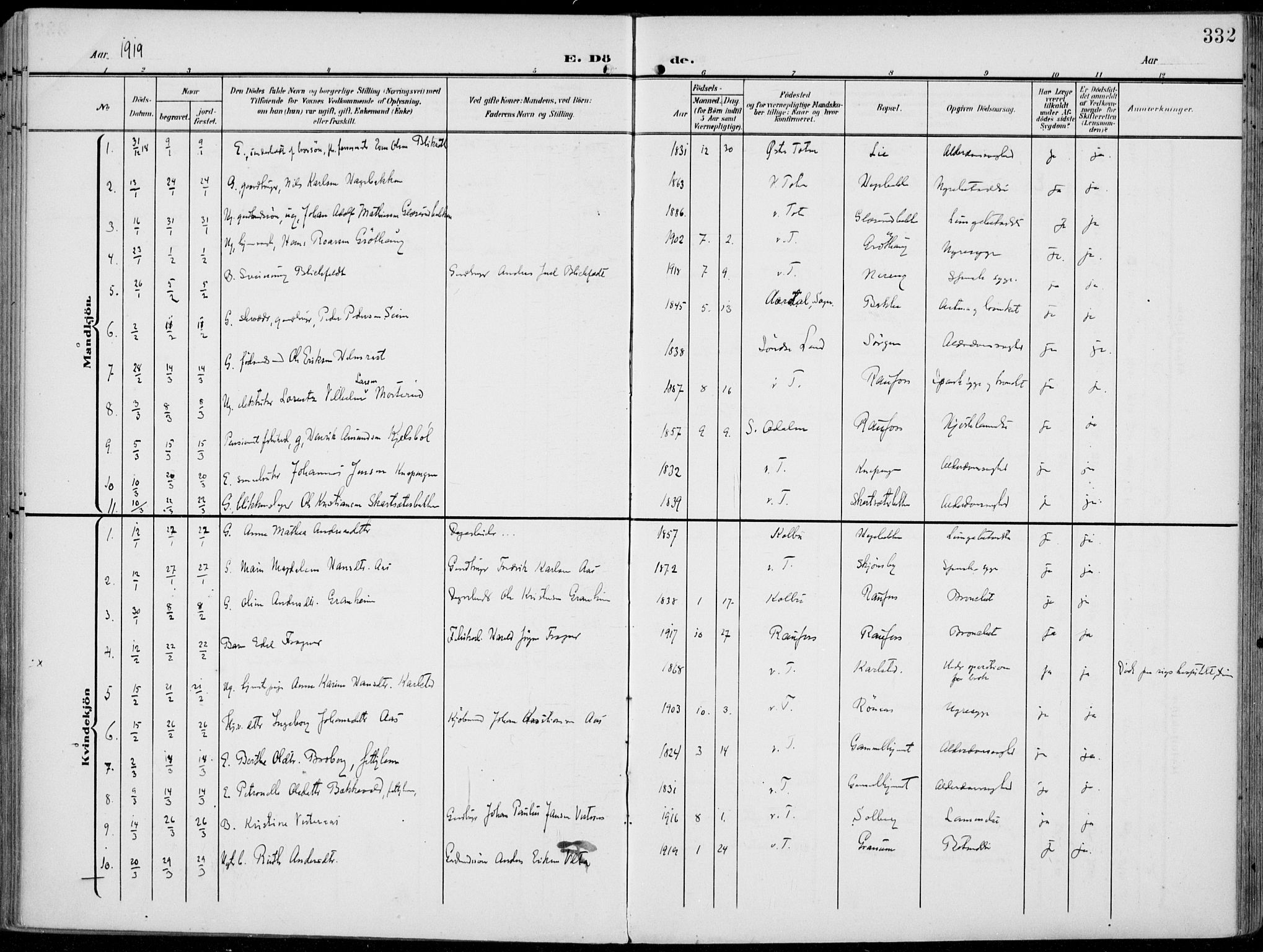 Vestre Toten prestekontor, SAH/PREST-108/H/Ha/Haa/L0014: Ministerialbok nr. 14, 1907-1920, s. 332