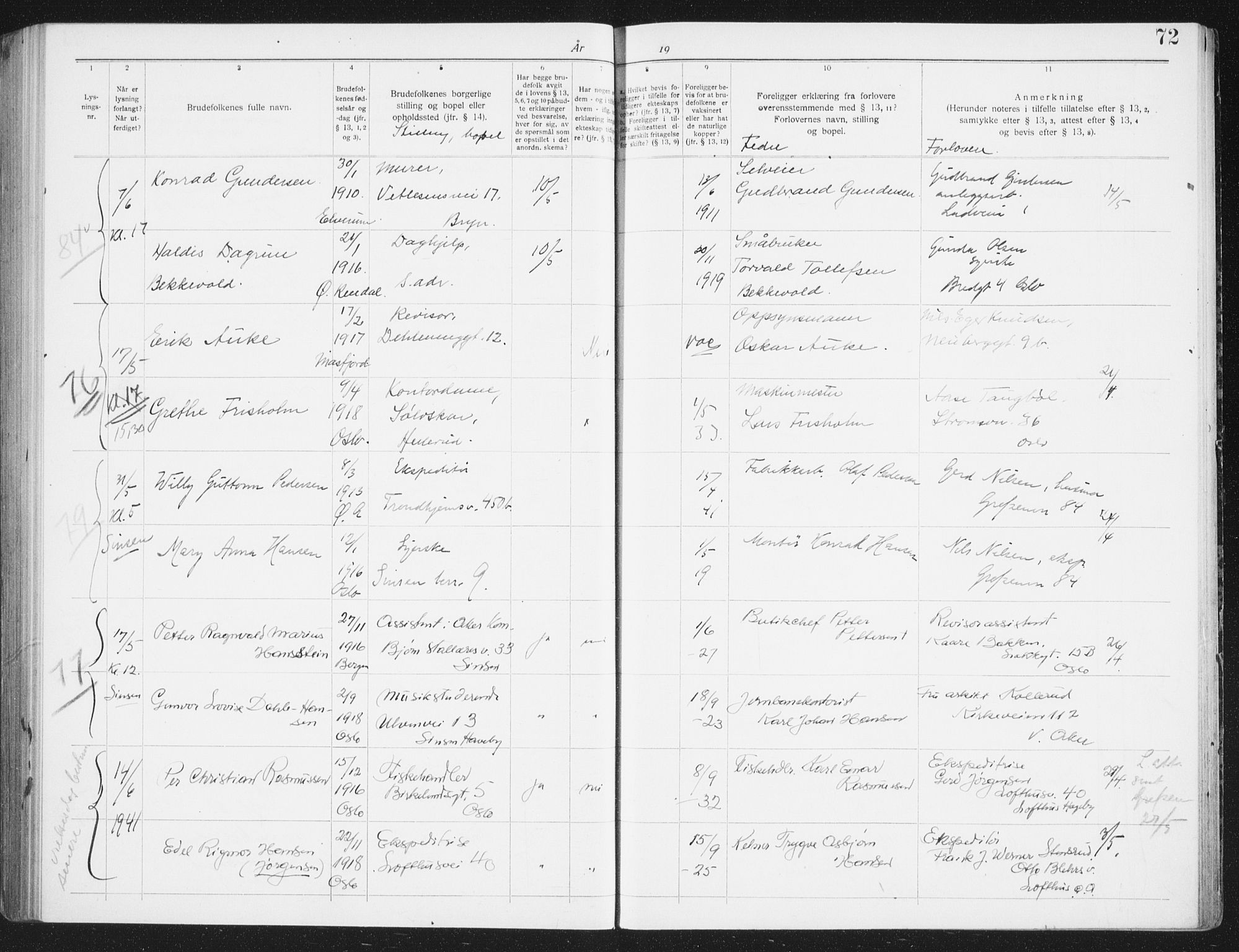 Østre Aker prestekontor Kirkebøker, AV/SAO-A-10840/H/Ha/L0009: Lysningsprotokoll nr. I 9, 1939-1942, s. 72