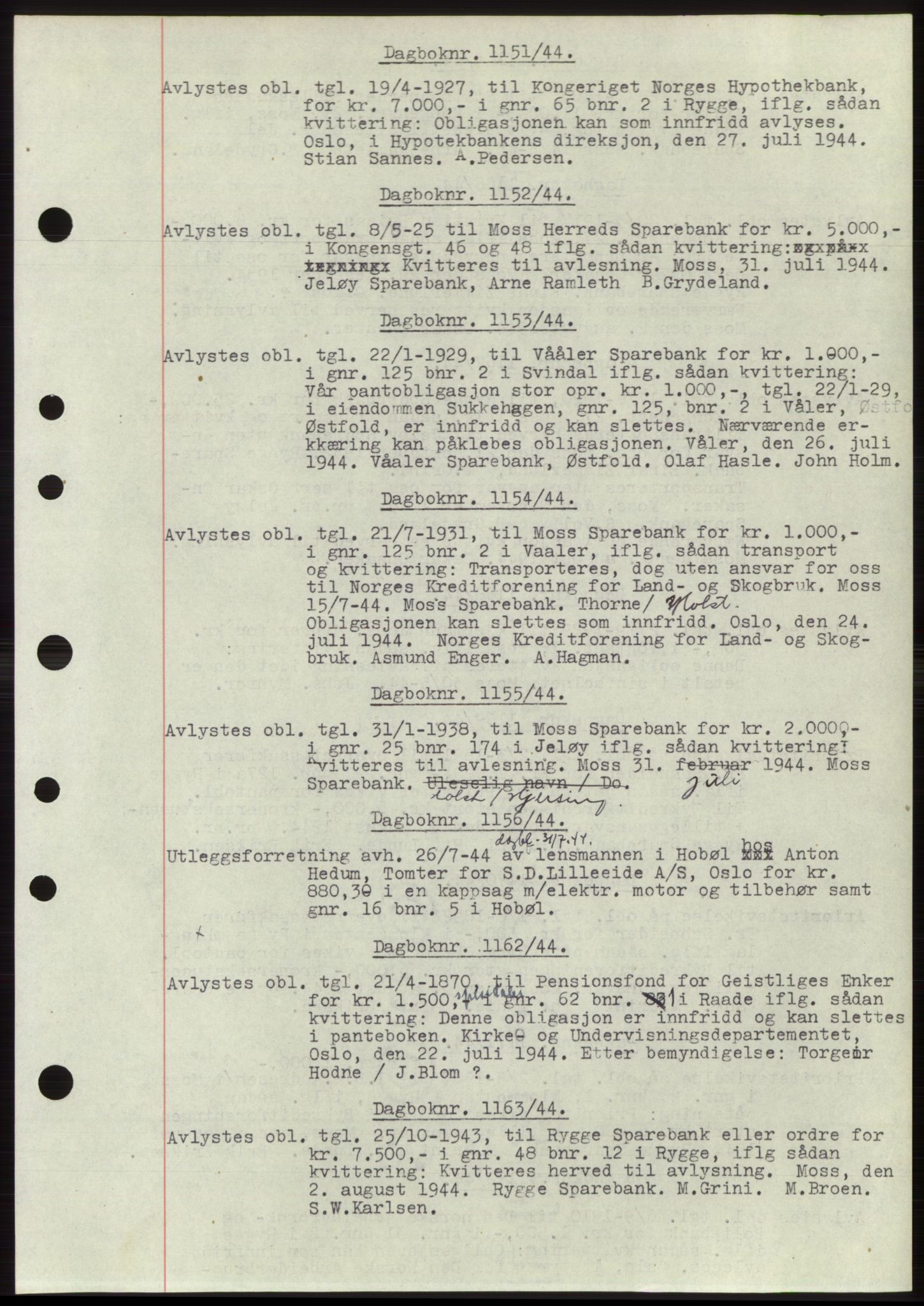 Moss sorenskriveri, SAO/A-10168: Pantebok nr. C10, 1938-1950, Dagboknr: 1151/1944