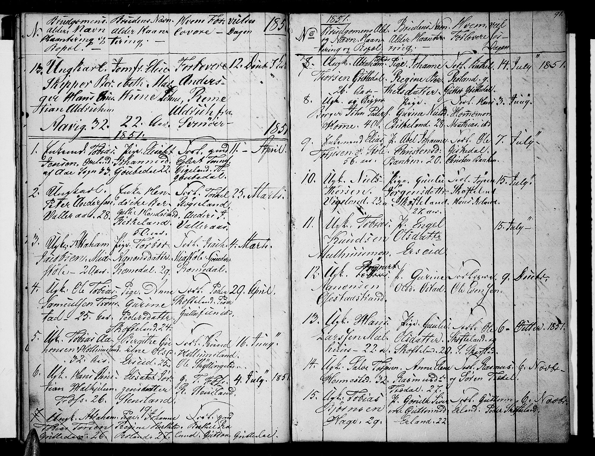 Sør-Audnedal sokneprestkontor, AV/SAK-1111-0039/F/Fb/Fbb/L0002: Klokkerbok nr. B 2, 1846-1865, s. 91