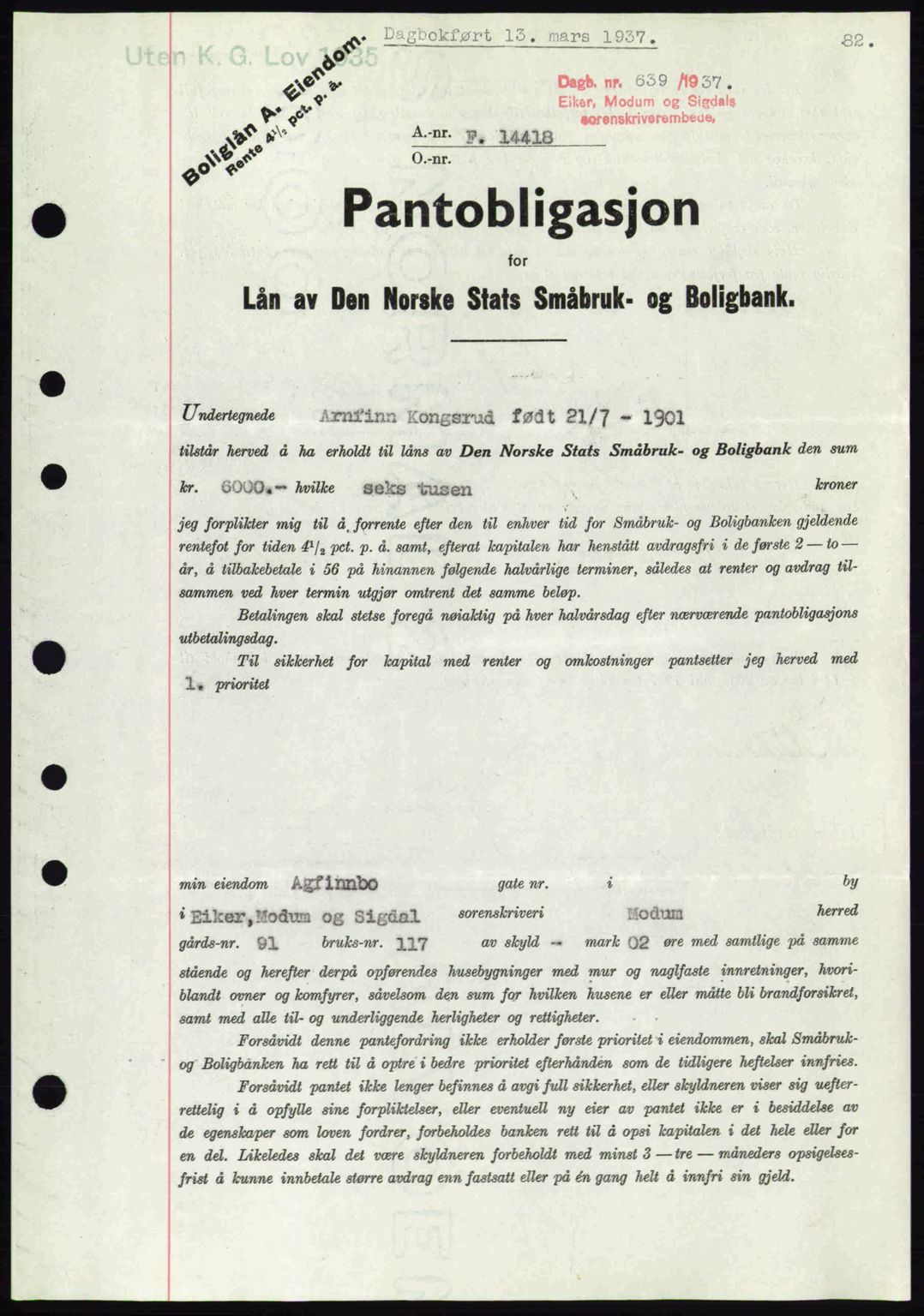 Eiker, Modum og Sigdal sorenskriveri, SAKO/A-123/G/Ga/Gab/L0035: Pantebok nr. A5, 1937-1937, Dagboknr: 639/1937