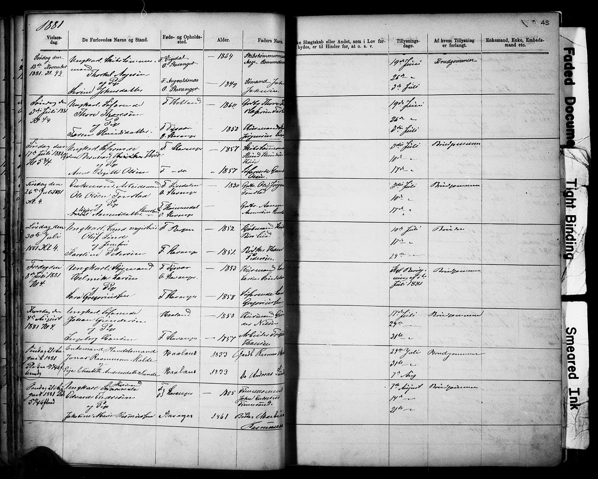 Domkirken sokneprestkontor, AV/SAST-A-101812/001/30/30BB/L0014: Klokkerbok nr. B 14, 1875-1902, s. 45