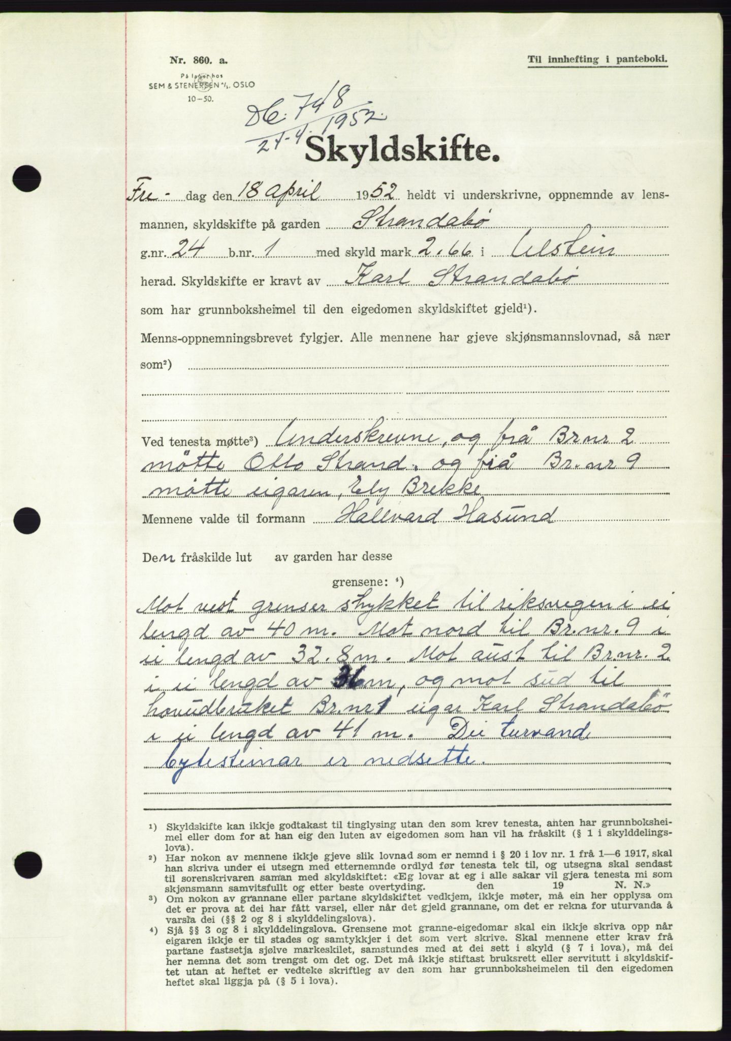 Søre Sunnmøre sorenskriveri, AV/SAT-A-4122/1/2/2C/L0092: Pantebok nr. 18A, 1952-1952, Dagboknr: 748/1952