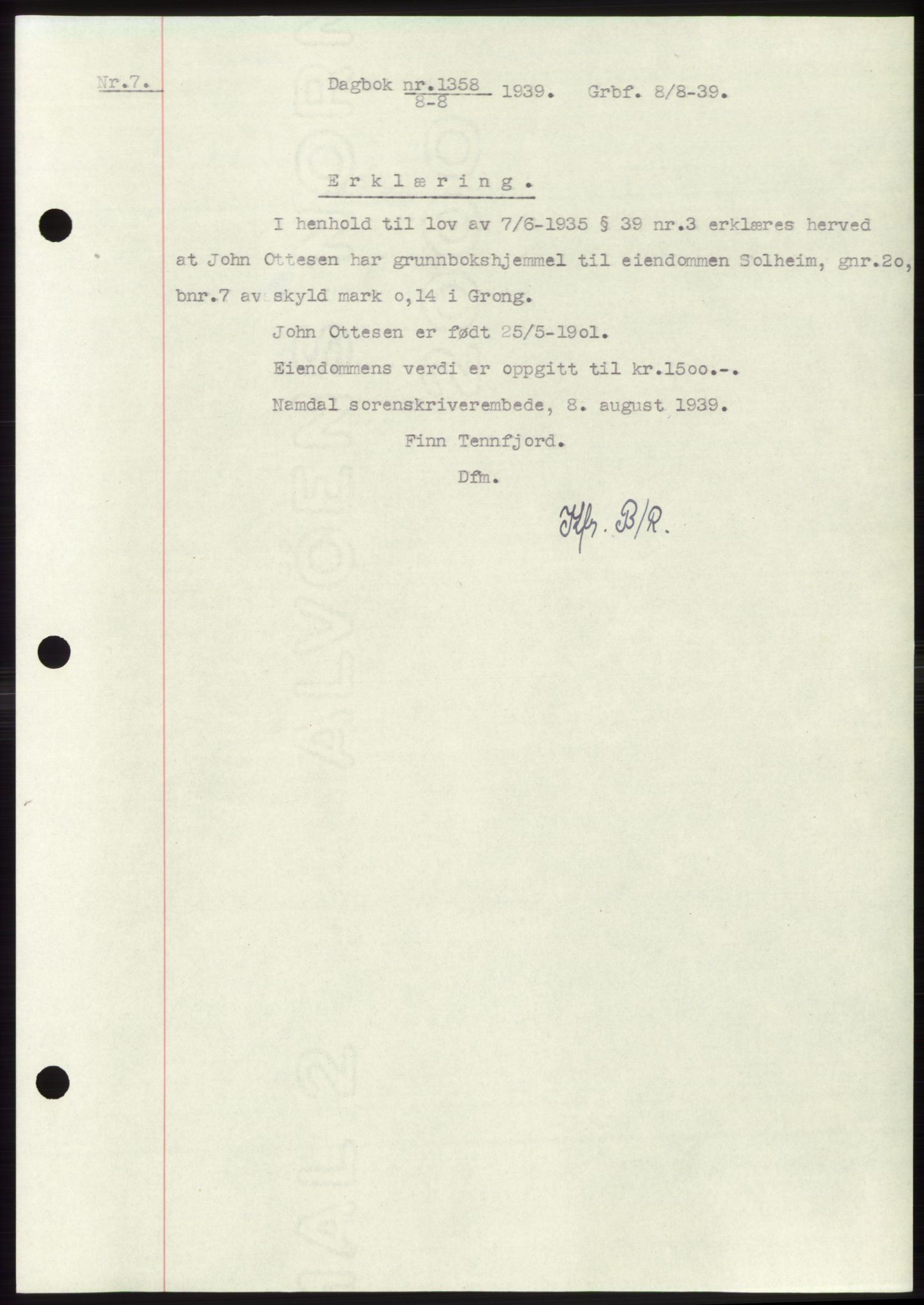 Namdal sorenskriveri, SAT/A-4133/1/2/2C: Pantebok nr. -, 1937-1939, Tingl.dato: 08.08.1939