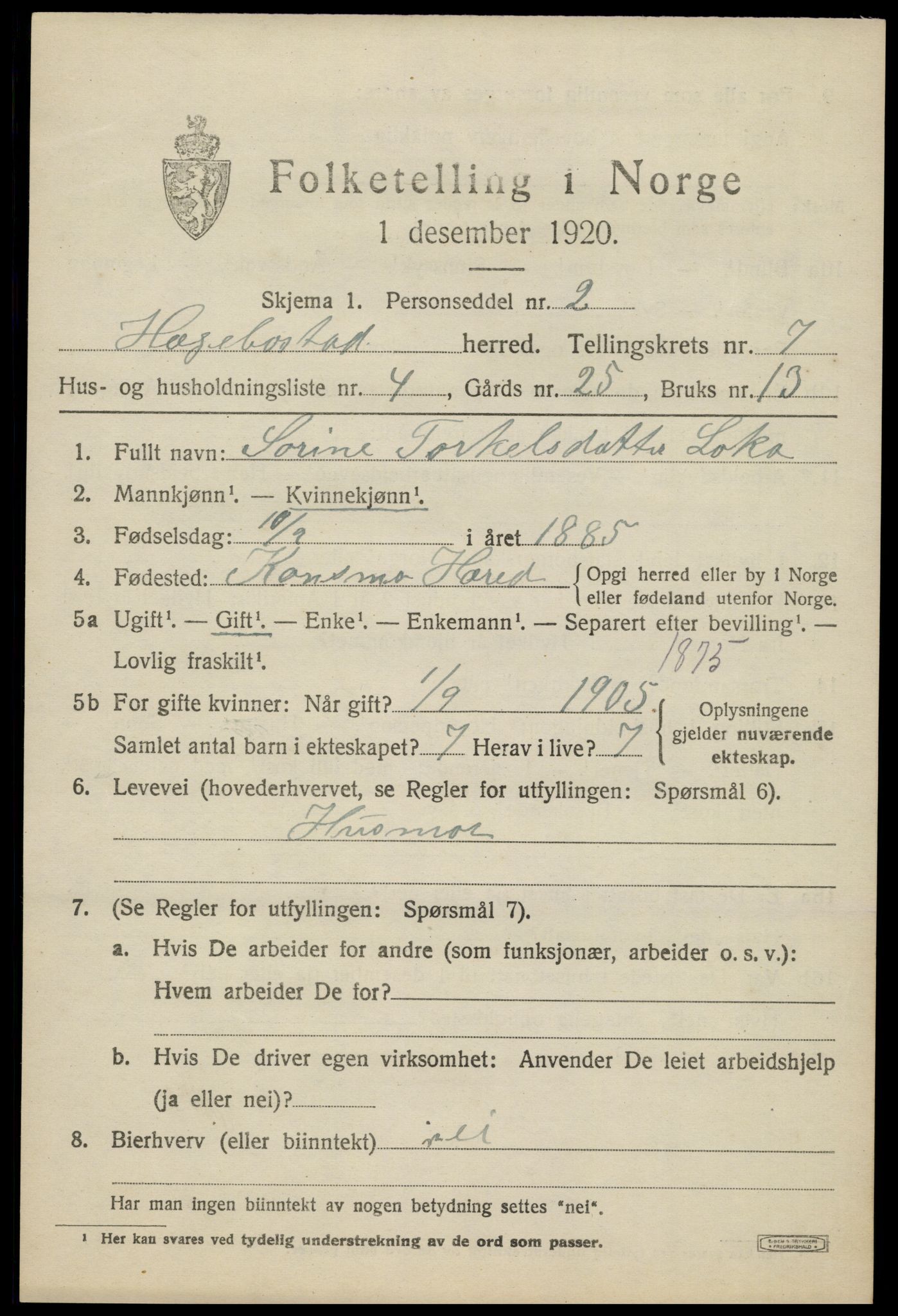 SAK, Folketelling 1920 for 1034 Hægebostad herred, 1920, s. 2131