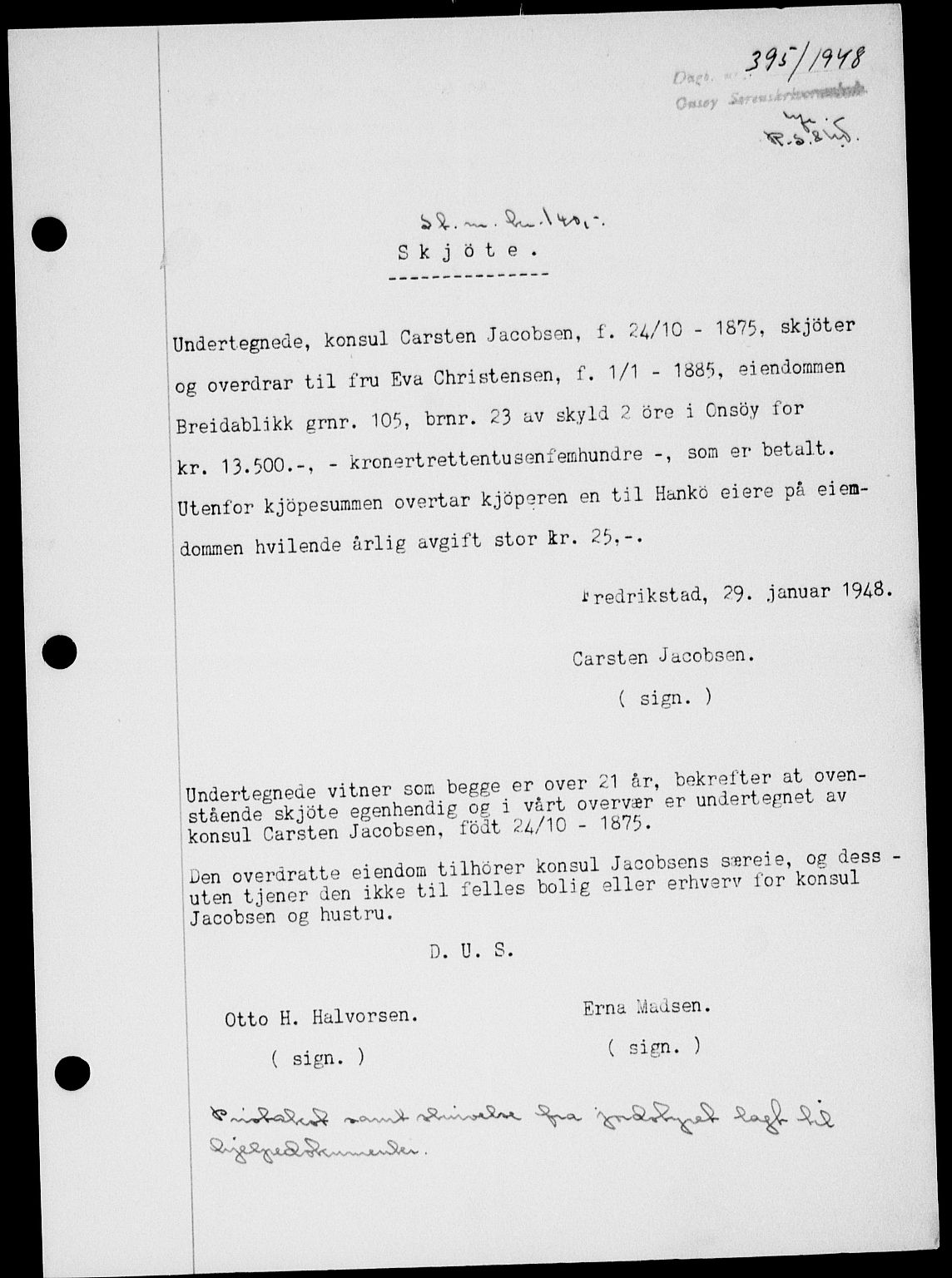 Onsøy sorenskriveri, SAO/A-10474/G/Ga/Gab/L0022: Pantebok nr. II A-22, 1947-1948, Dagboknr: 395/1948