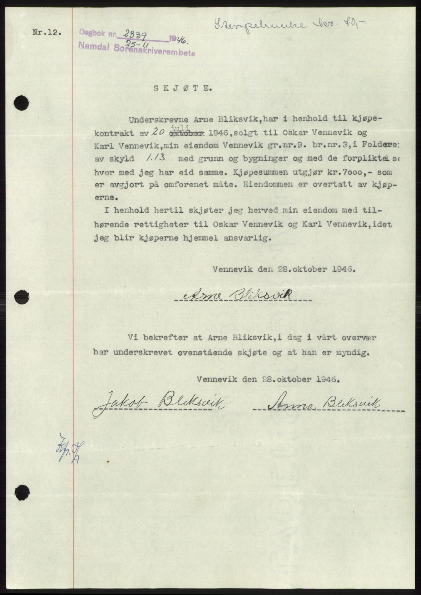 Namdal sorenskriveri, SAT/A-4133/1/2/2C: Pantebok nr. -, 1946-1947, Dagboknr: 2339/1946