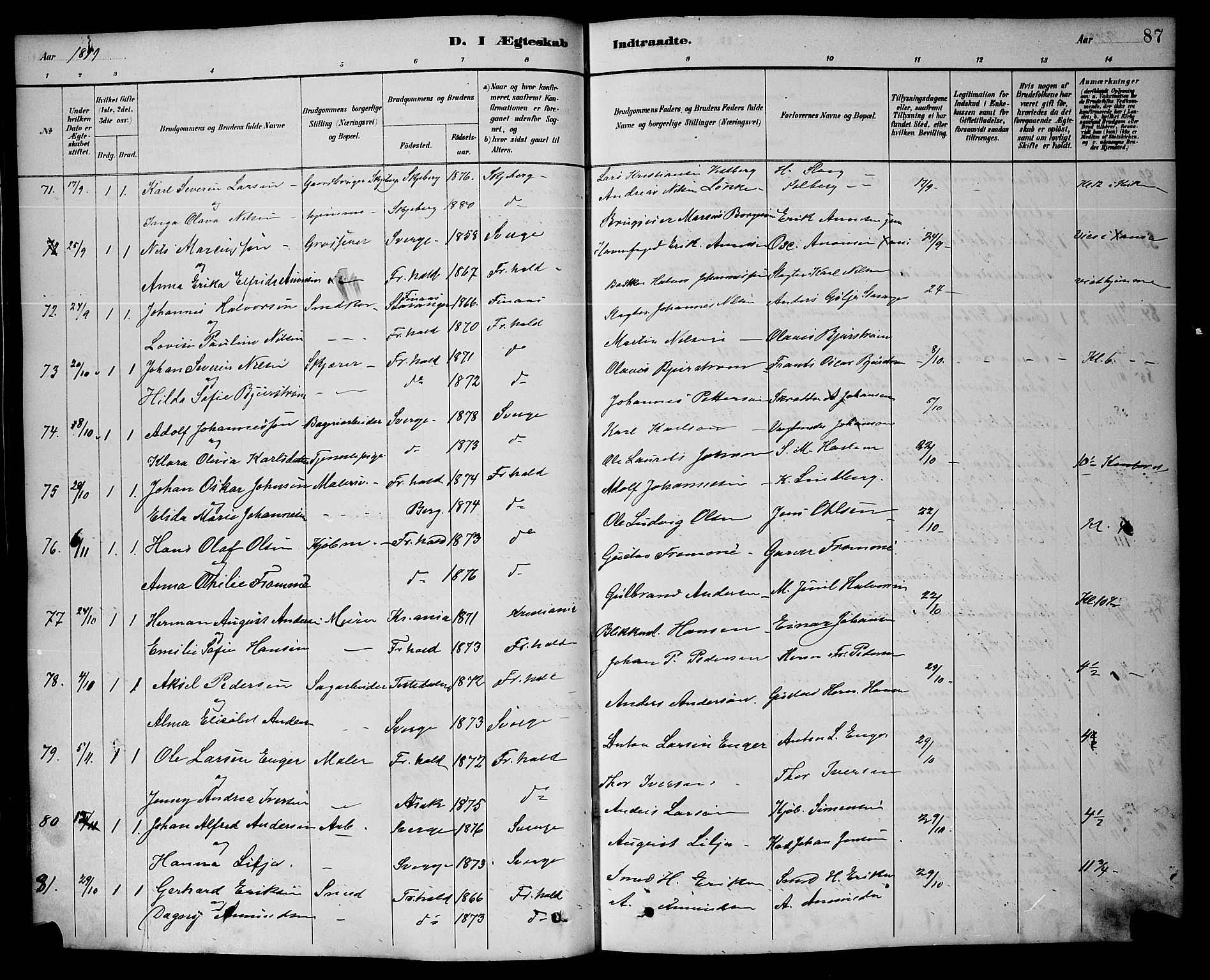 Halden prestekontor Kirkebøker, AV/SAO-A-10909/G/Ga/L0009: Klokkerbok nr. 9, 1885-1908, s. 87