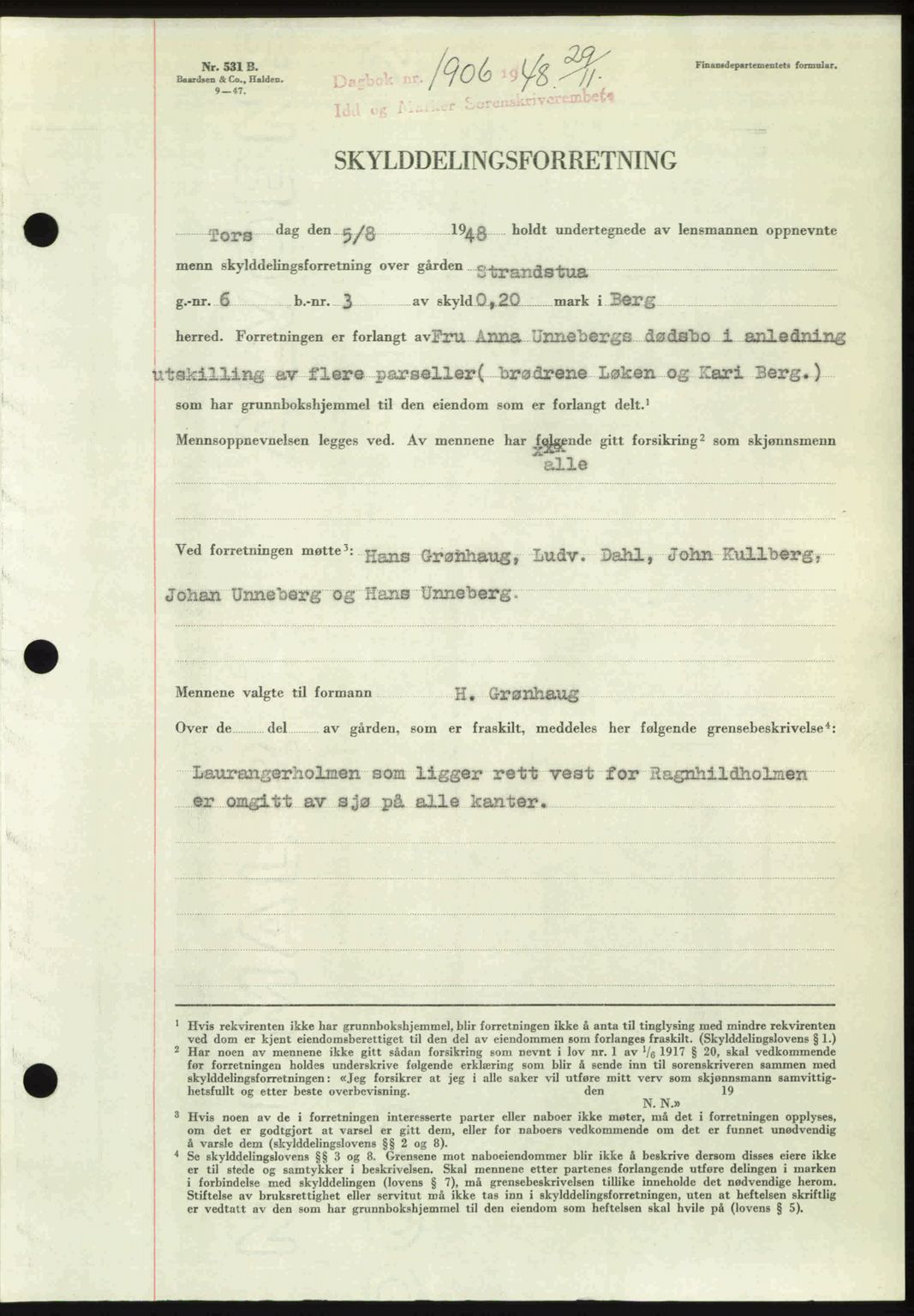 Idd og Marker sorenskriveri, SAO/A-10283/G/Gb/Gbb/L0011: Pantebok nr. A11, 1948-1949, Dagboknr: 1906/1948