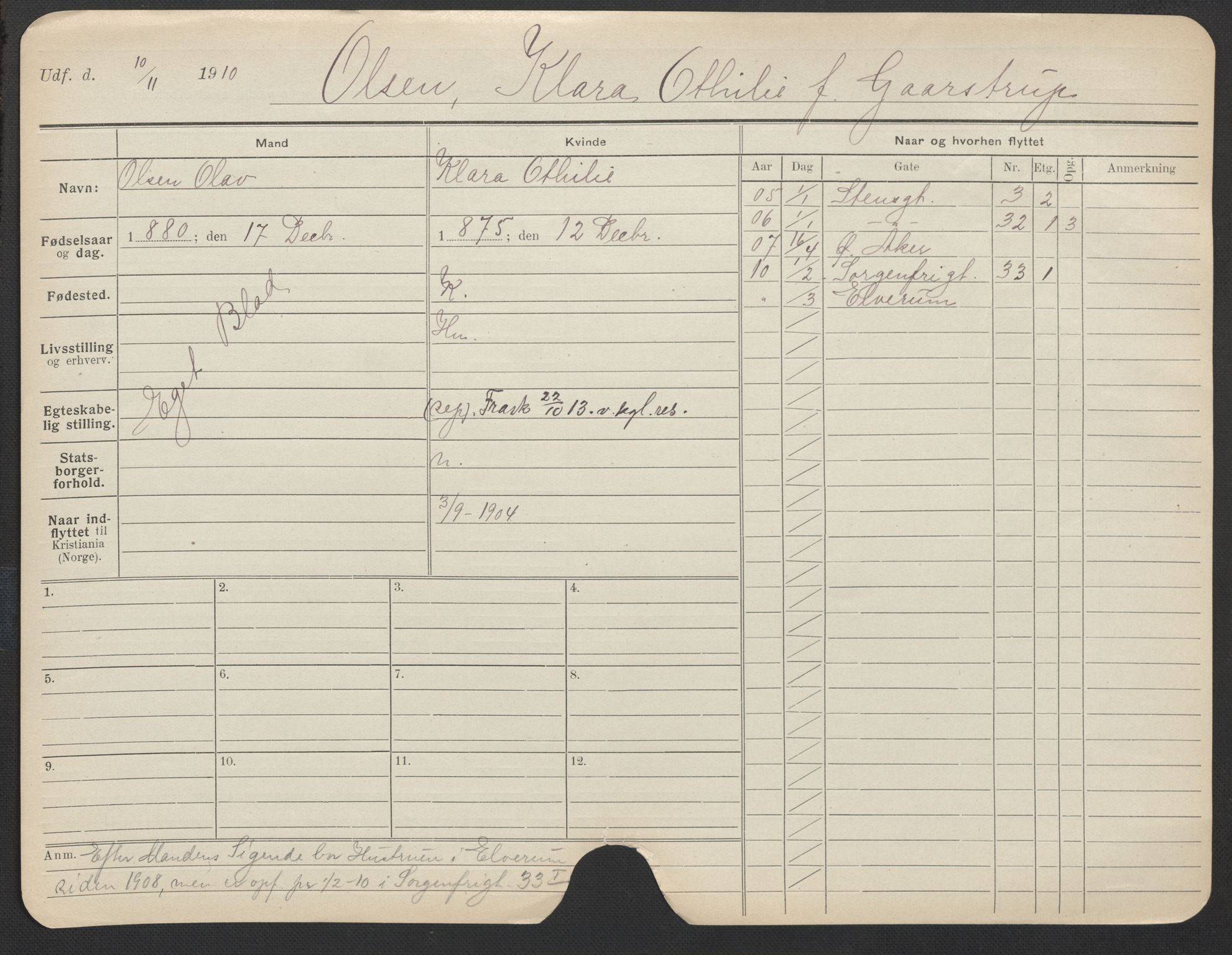 Oslo folkeregister, Registerkort, AV/SAO-A-11715/F/Fa/Fac/L0022: Kvinner, 1906-1914, s. 54a