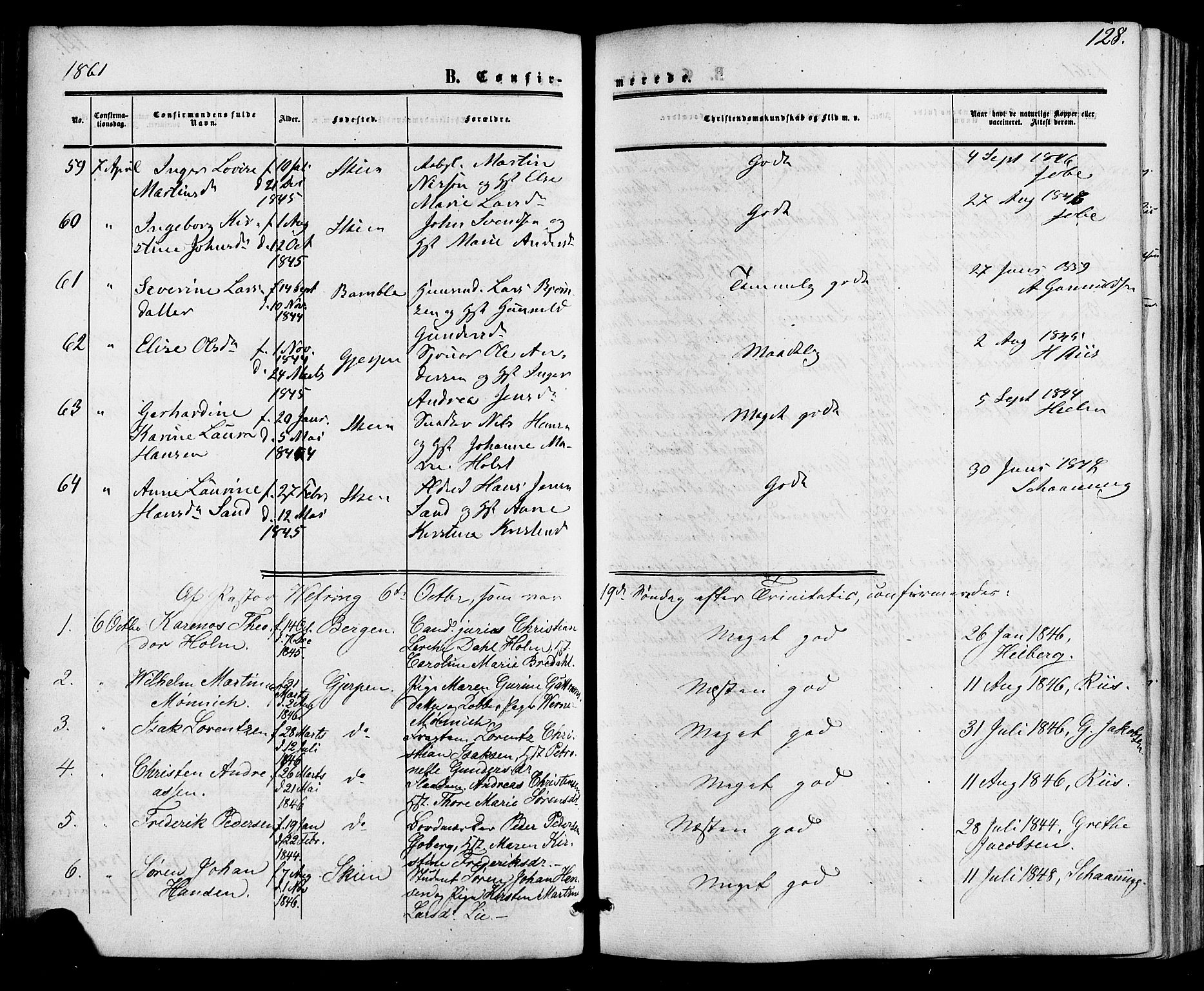 Skien kirkebøker, SAKO/A-302/F/Fa/L0007: Ministerialbok nr. 7, 1856-1865, s. 128