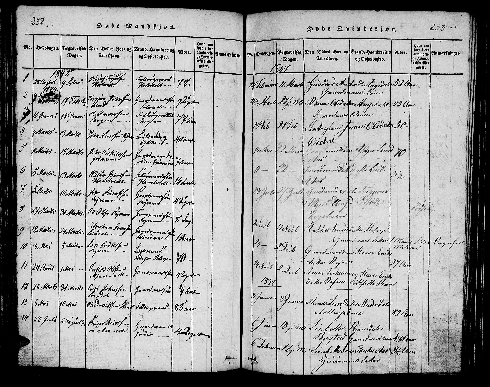 Bjelland sokneprestkontor, AV/SAK-1111-0005/F/Fb/Fbc/L0001: Klokkerbok nr. B 1, 1815-1870, s. 232-233