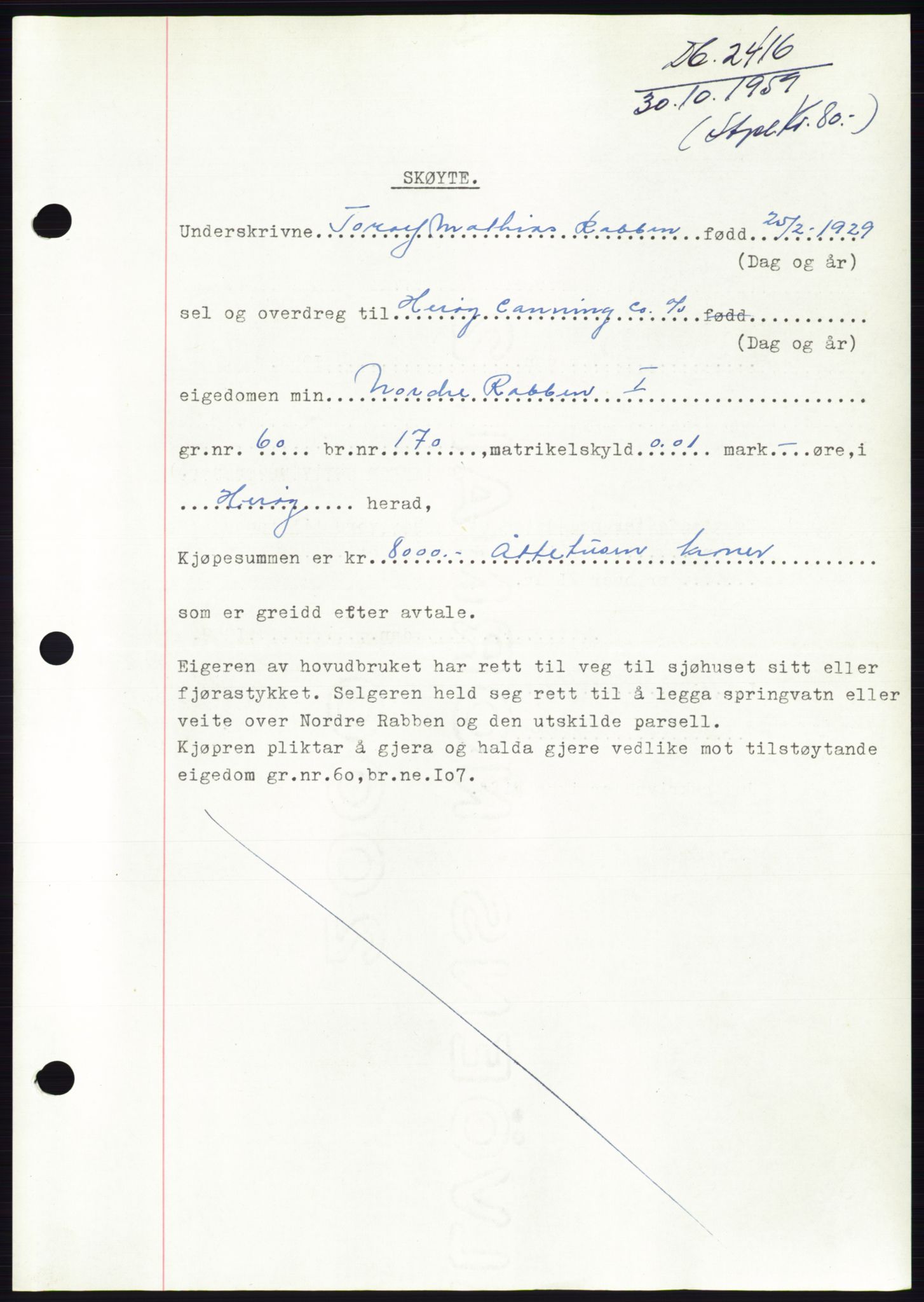 Søre Sunnmøre sorenskriveri, SAT/A-4122/1/2/2C/L0113: Pantebok nr. 39A, 1959-1959, Dagboknr: 2416/1959