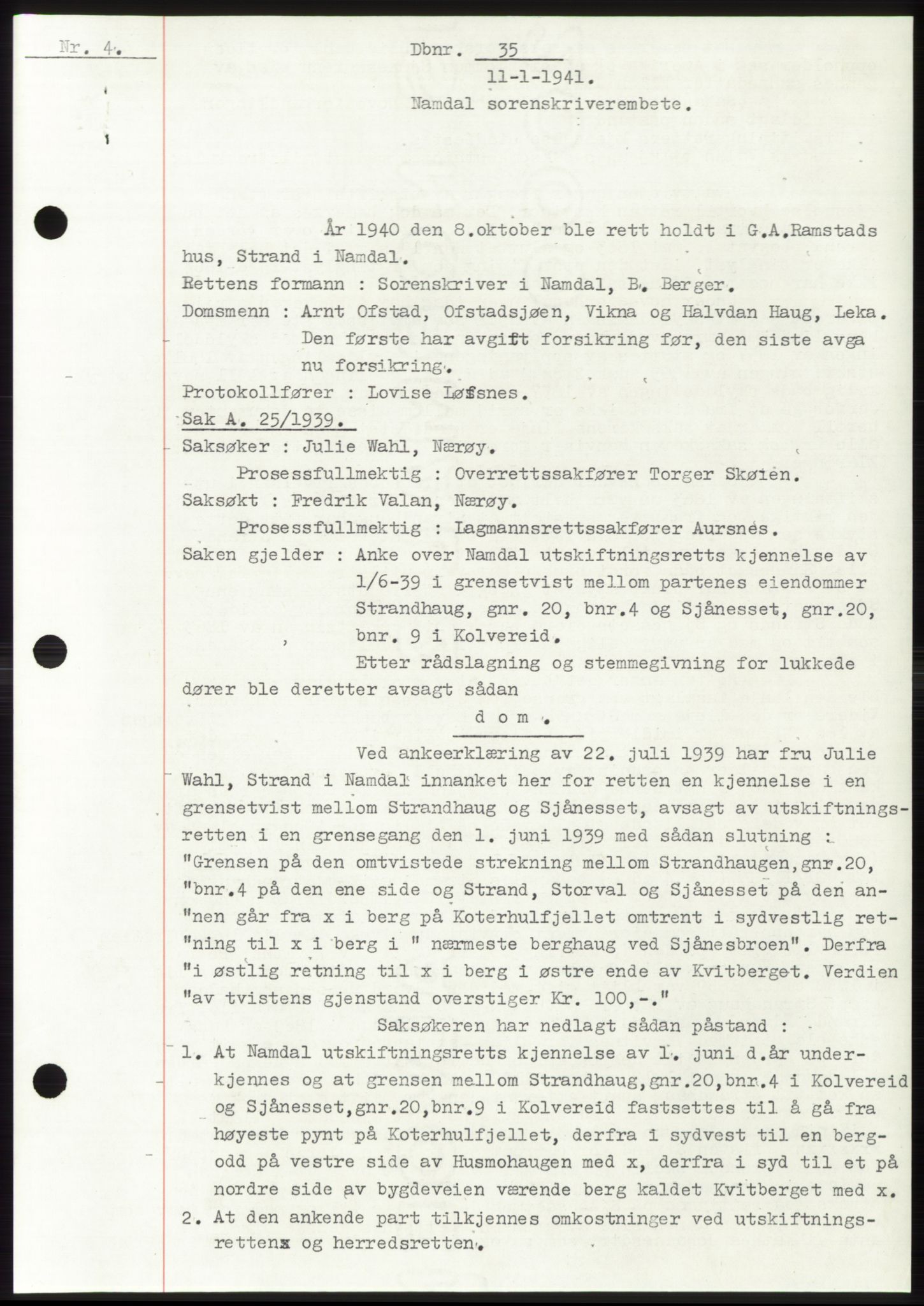Namdal sorenskriveri, SAT/A-4133/1/2/2C: Pantebok nr. -, 1940-1941, Tingl.dato: 11.01.1941