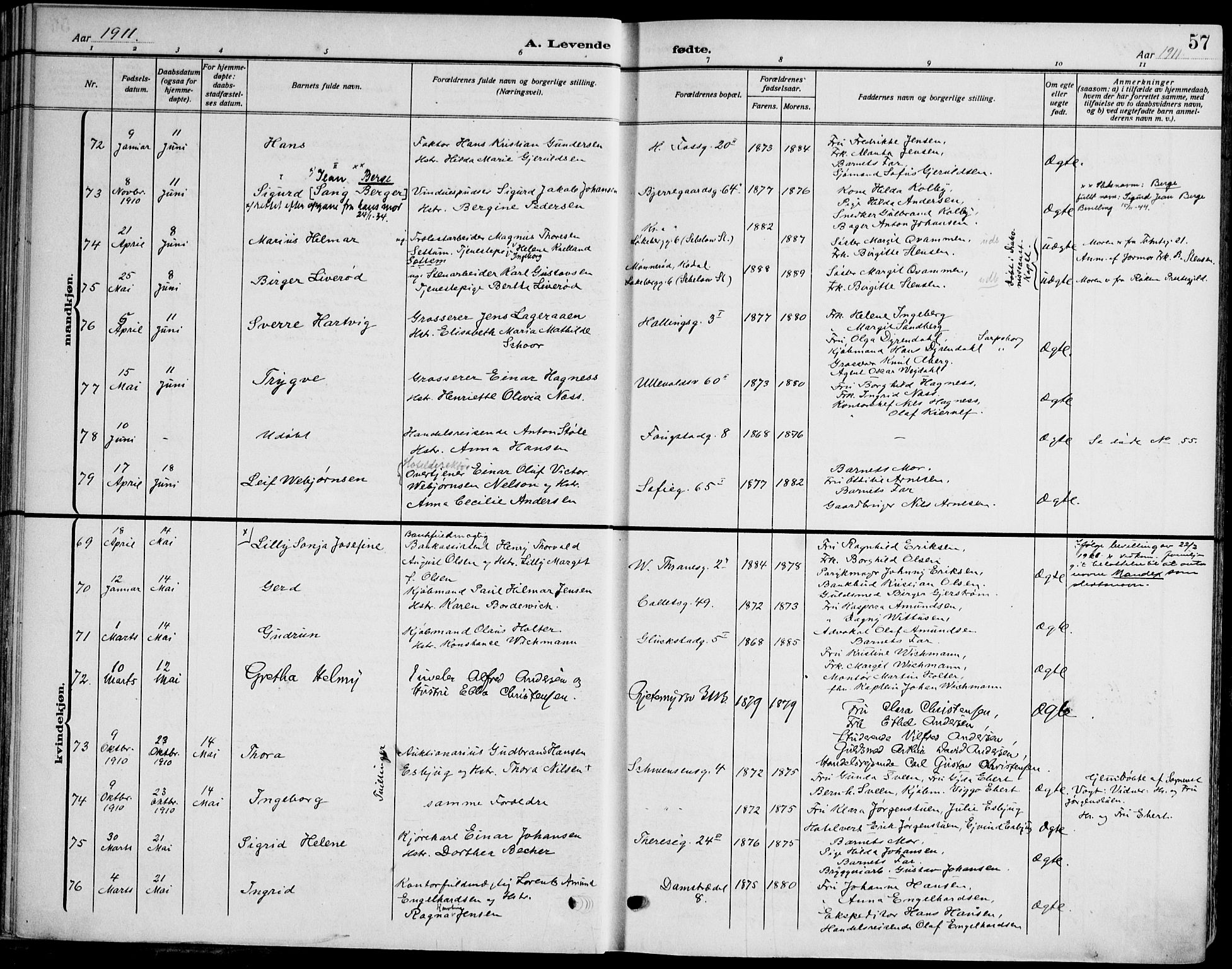Gamle Aker prestekontor Kirkebøker, AV/SAO-A-10617a/F/L0014: Ministerialbok nr. 14, 1909-1924, s. 57