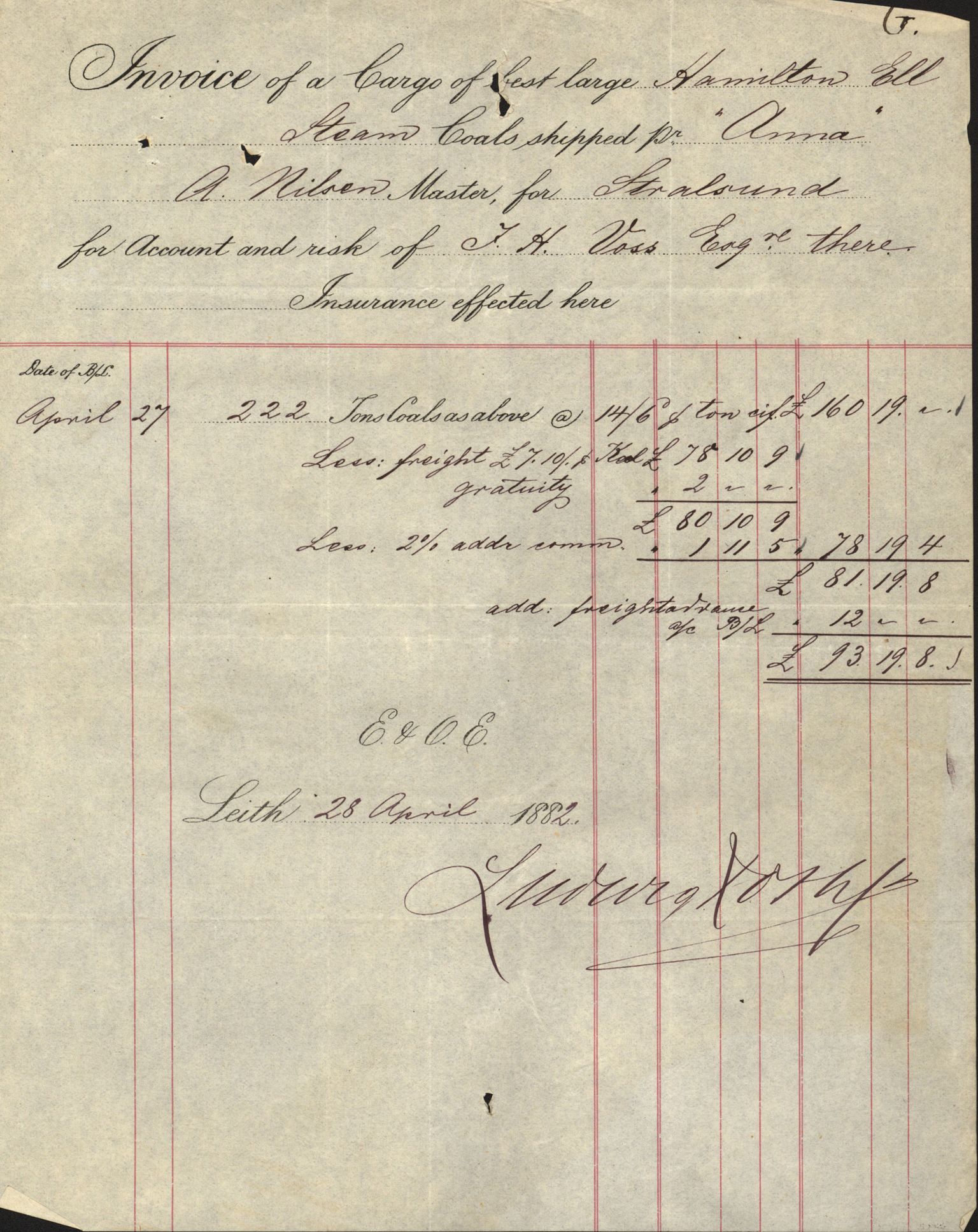 Pa 63 - Østlandske skibsassuranceforening, VEMU/A-1079/G/Ga/L0014/0012: Havaridokumenter / Sophie, Andover, Alliance, Anna, 1882, s. 34