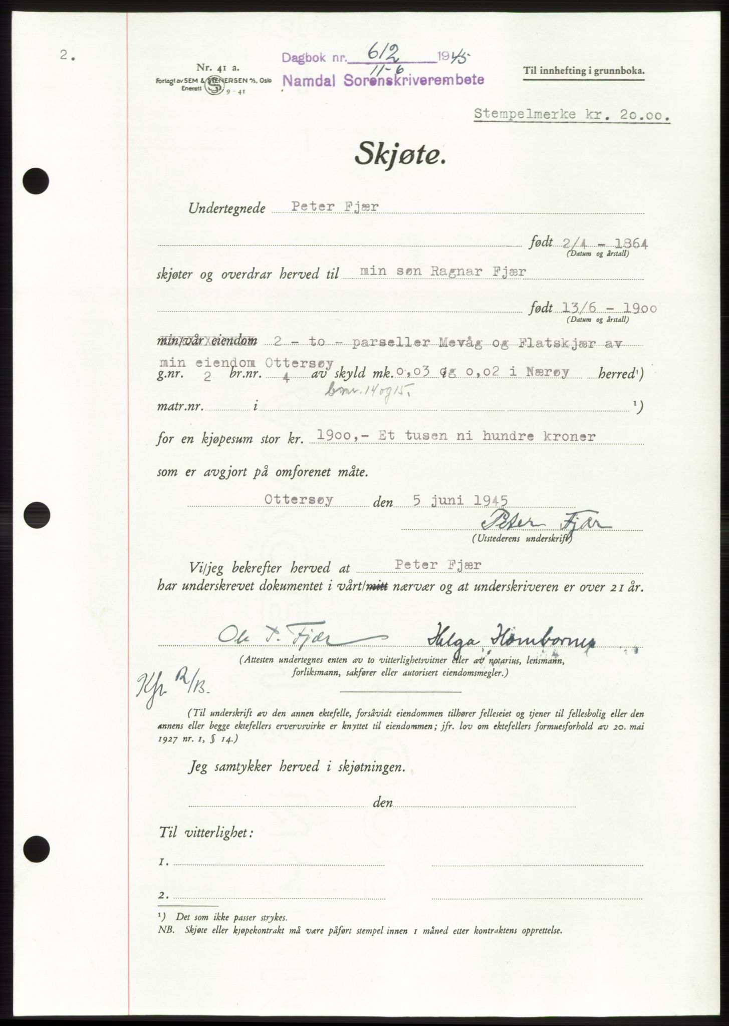 Namdal sorenskriveri, SAT/A-4133/1/2/2C: Pantebok nr. -, 1944-1945, Dagboknr: 612/1945