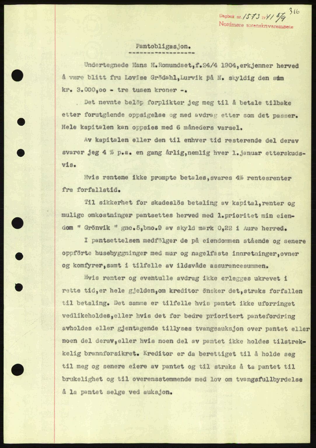 Nordmøre sorenskriveri, SAT/A-4132/1/2/2Ca: Pantebok nr. B88, 1941-1942, Dagboknr: 1573/1941