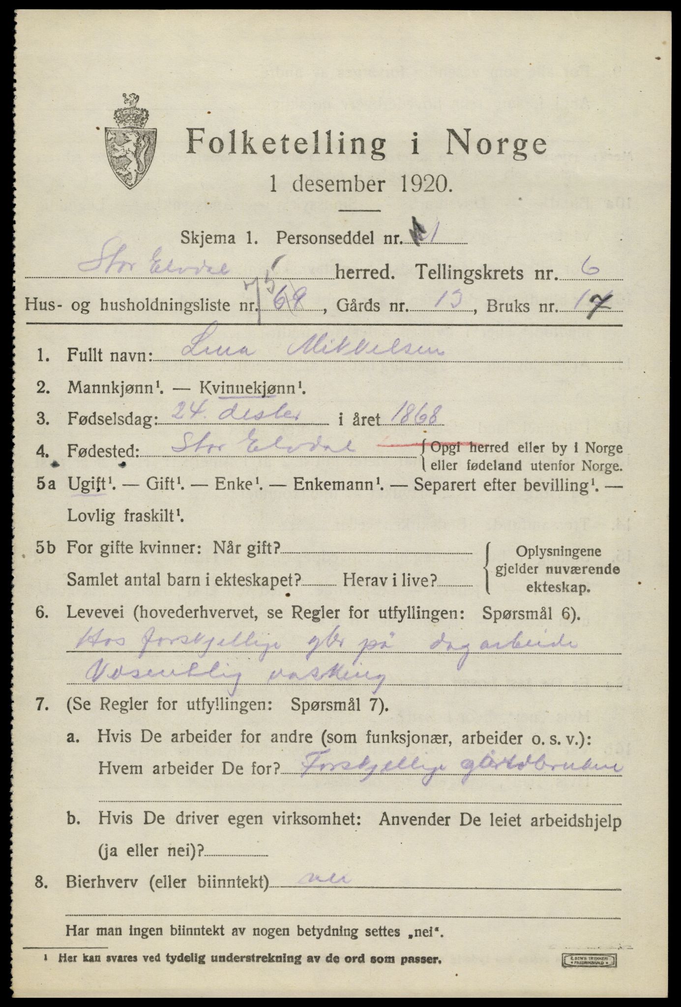 SAH, Folketelling 1920 for 0430 Stor-Elvdal herred, 1920, s. 5828