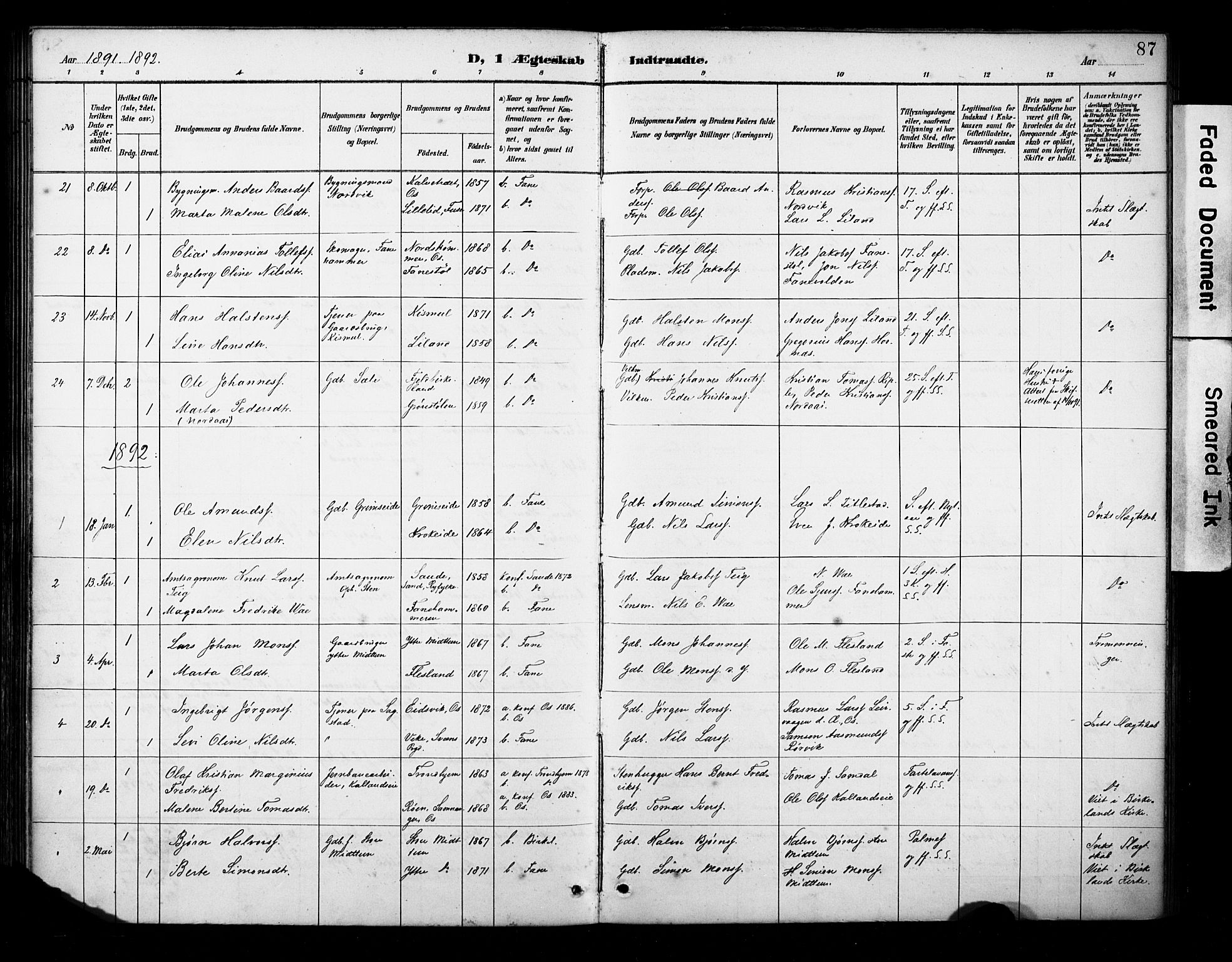 Fana Sokneprestembete, AV/SAB-A-75101/H/Haa/Haab/L0002: Ministerialbok nr. B 2, 1890-1897, s. 87
