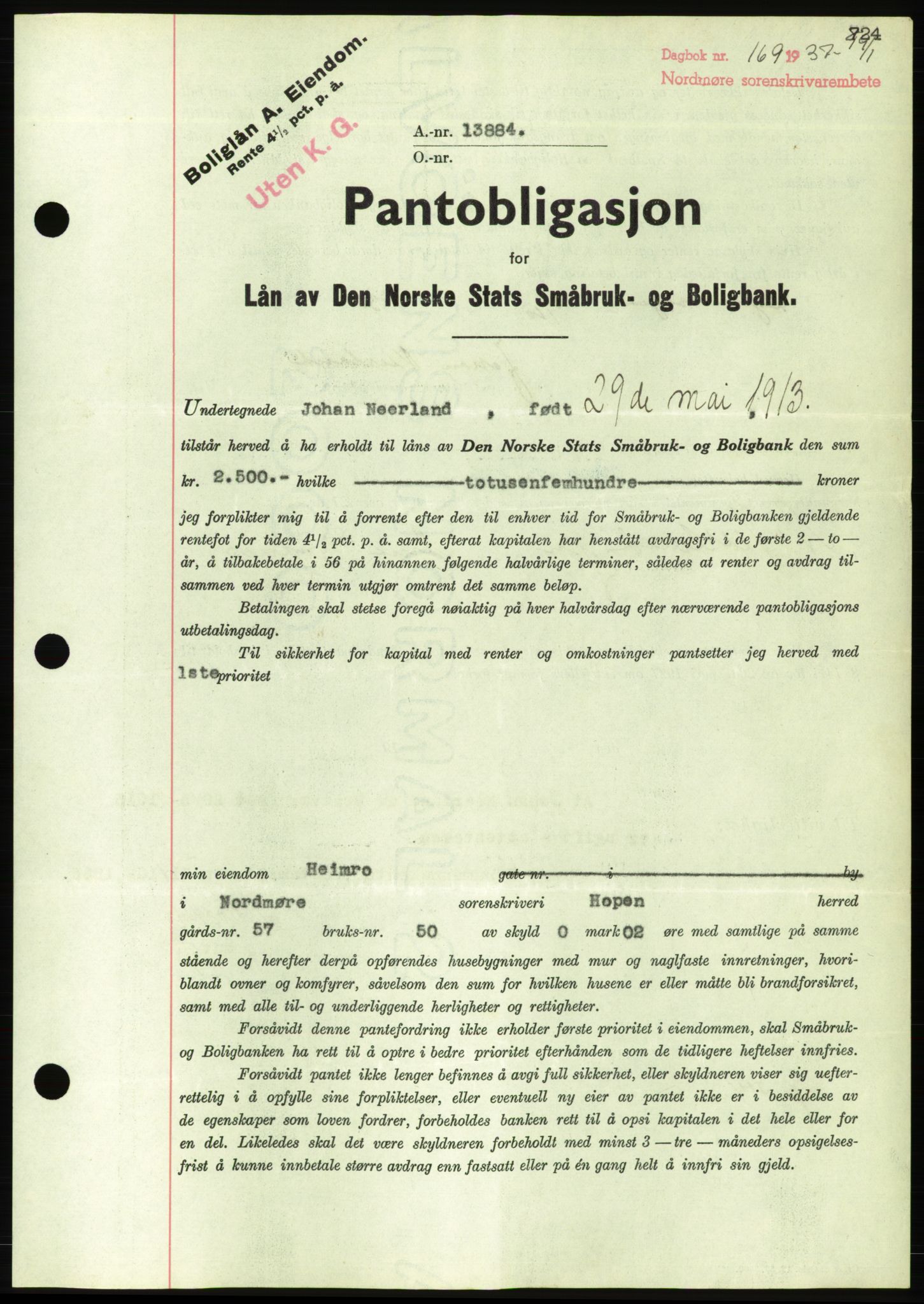 Nordmøre sorenskriveri, AV/SAT-A-4132/1/2/2Ca/L0090: Pantebok nr. B80, 1936-1937, Dagboknr: 169/1937