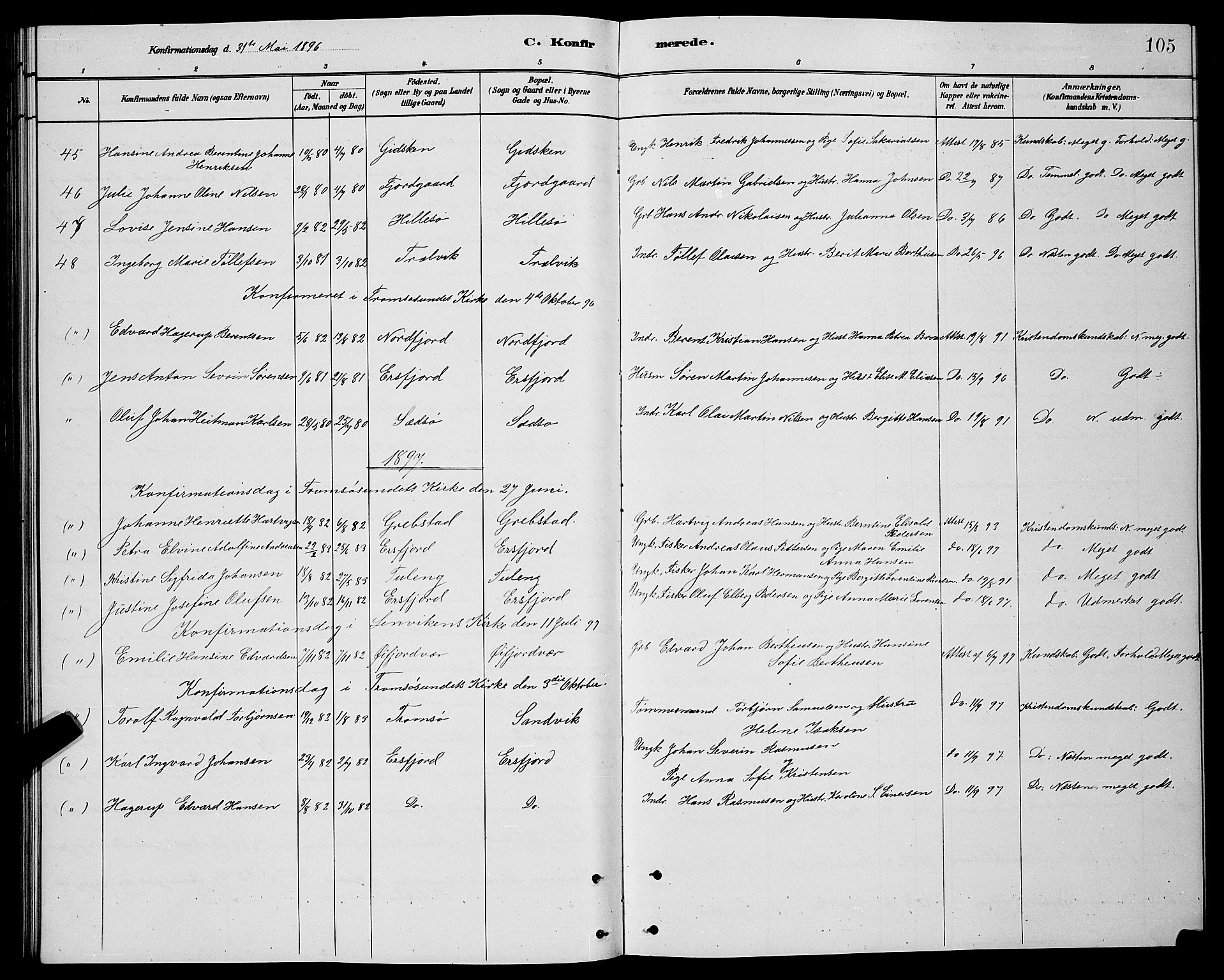 Lenvik sokneprestembete, SATØ/S-1310/H/Ha/Hab/L0021klokker: Klokkerbok nr. 21, 1884-1900, s. 105