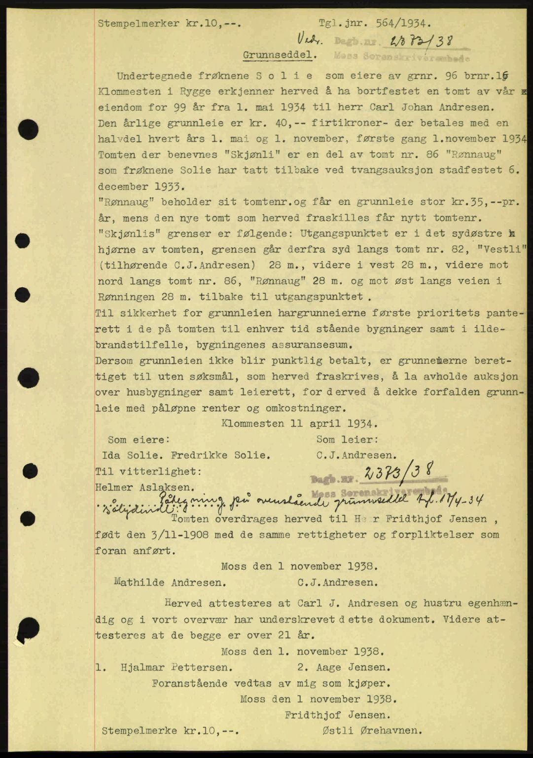 Moss sorenskriveri, SAO/A-10168: Pantebok nr. A5, 1938-1939, Dagboknr: 2373/1938